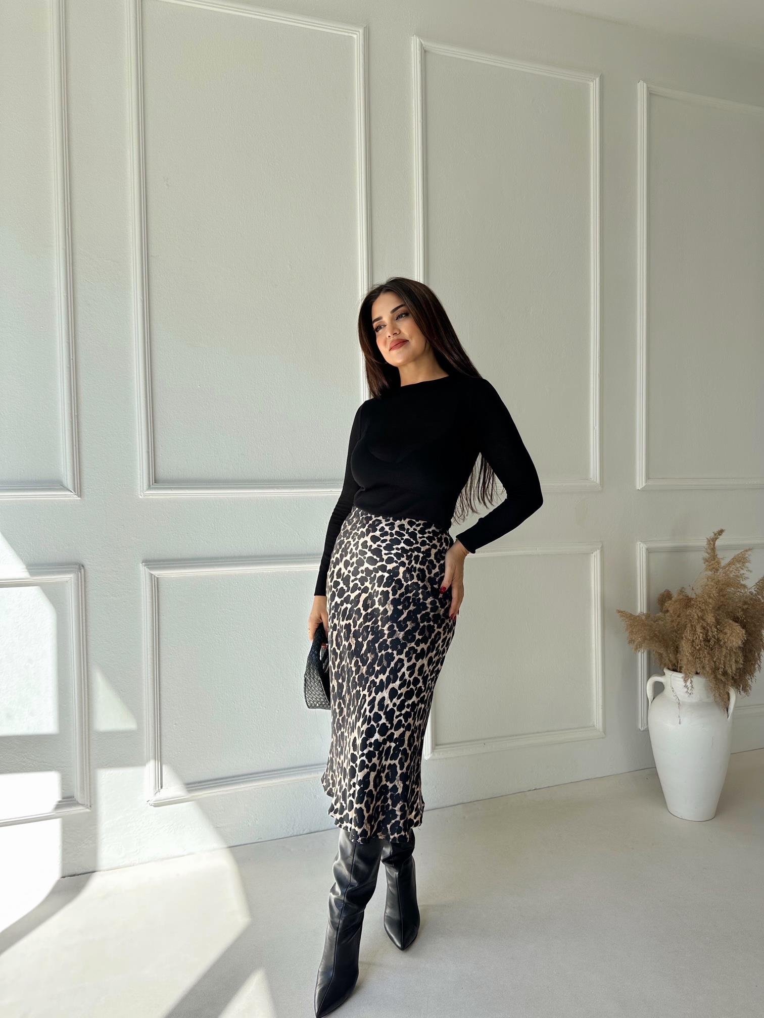 Lüks Kalite Leopar Desen Midi Saten Etek | Nora Butik