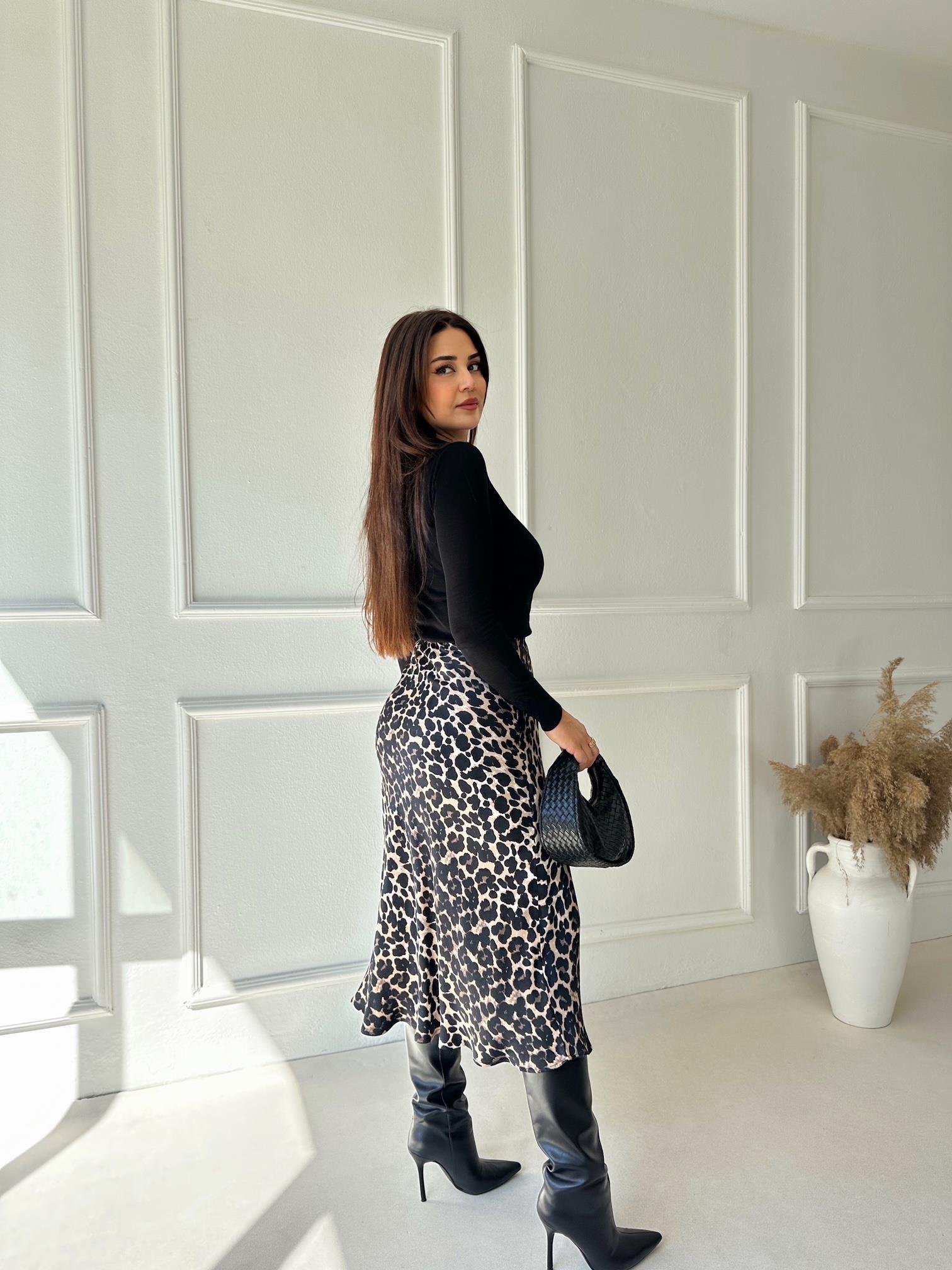 Lüks Kalite Leopar Desen Midi Saten Etek | Nora Butik