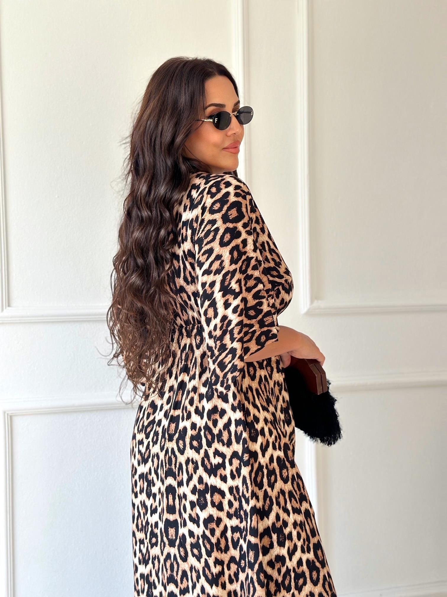 Lüks Kalite Leopar Maksi Elbise 