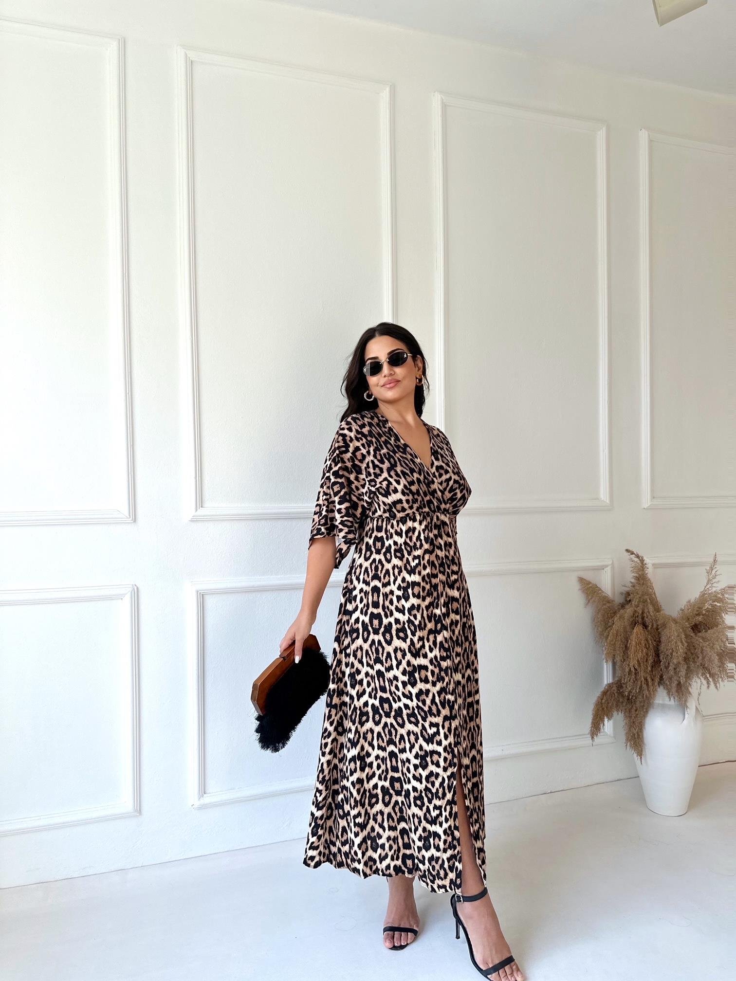 Lüks Kalite Leopar Maksi Elbise 