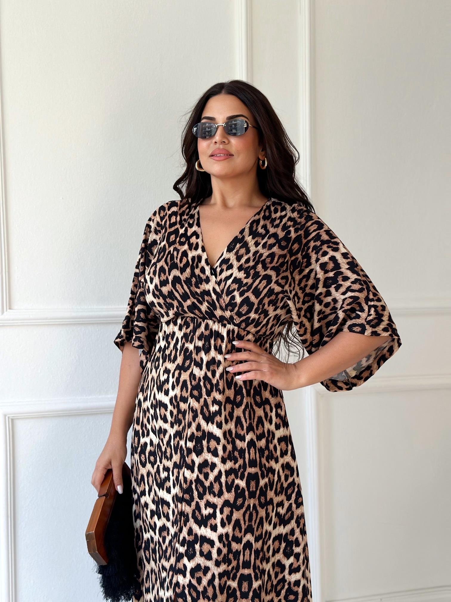 Lüks Kalite Leopar Maksi Elbise 