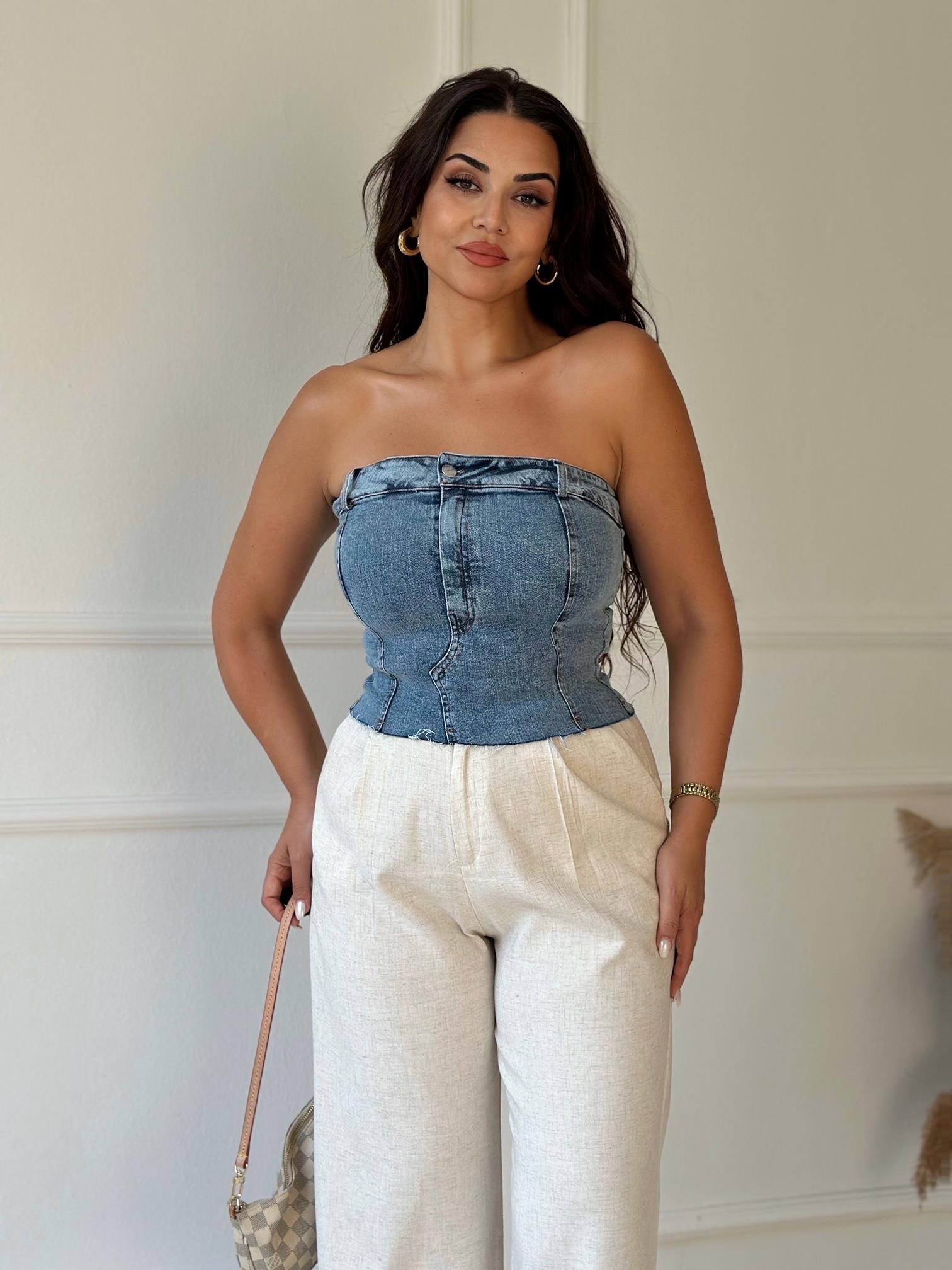 Lüks Kalite Likralı Denim Straplez Bluz