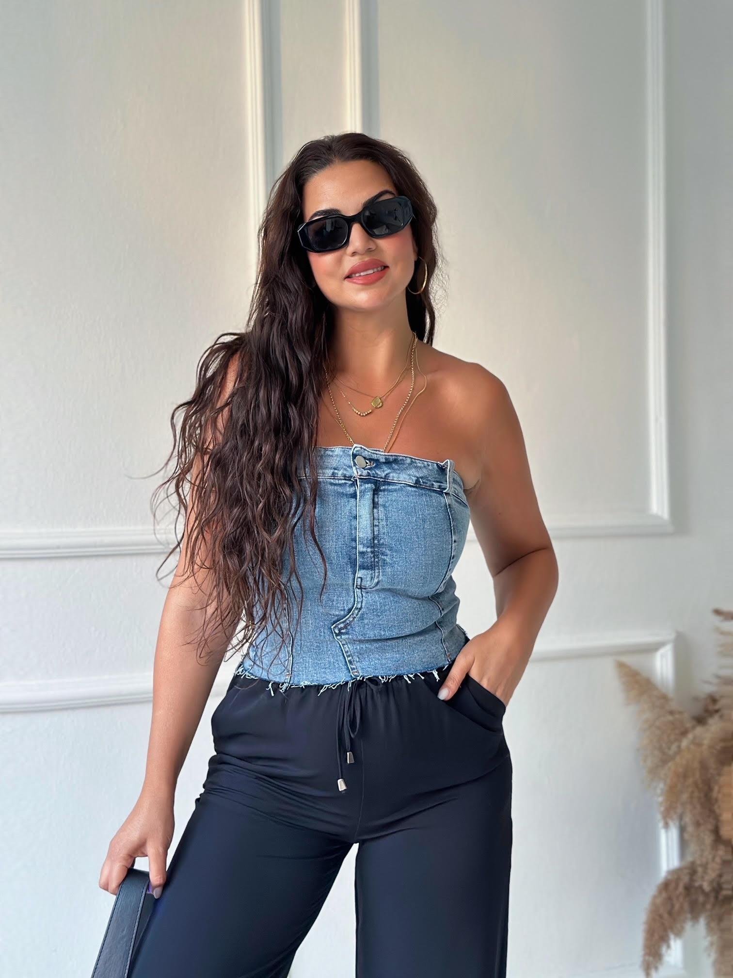 Lüks Kalite Likralı Denim Straplez Bluz