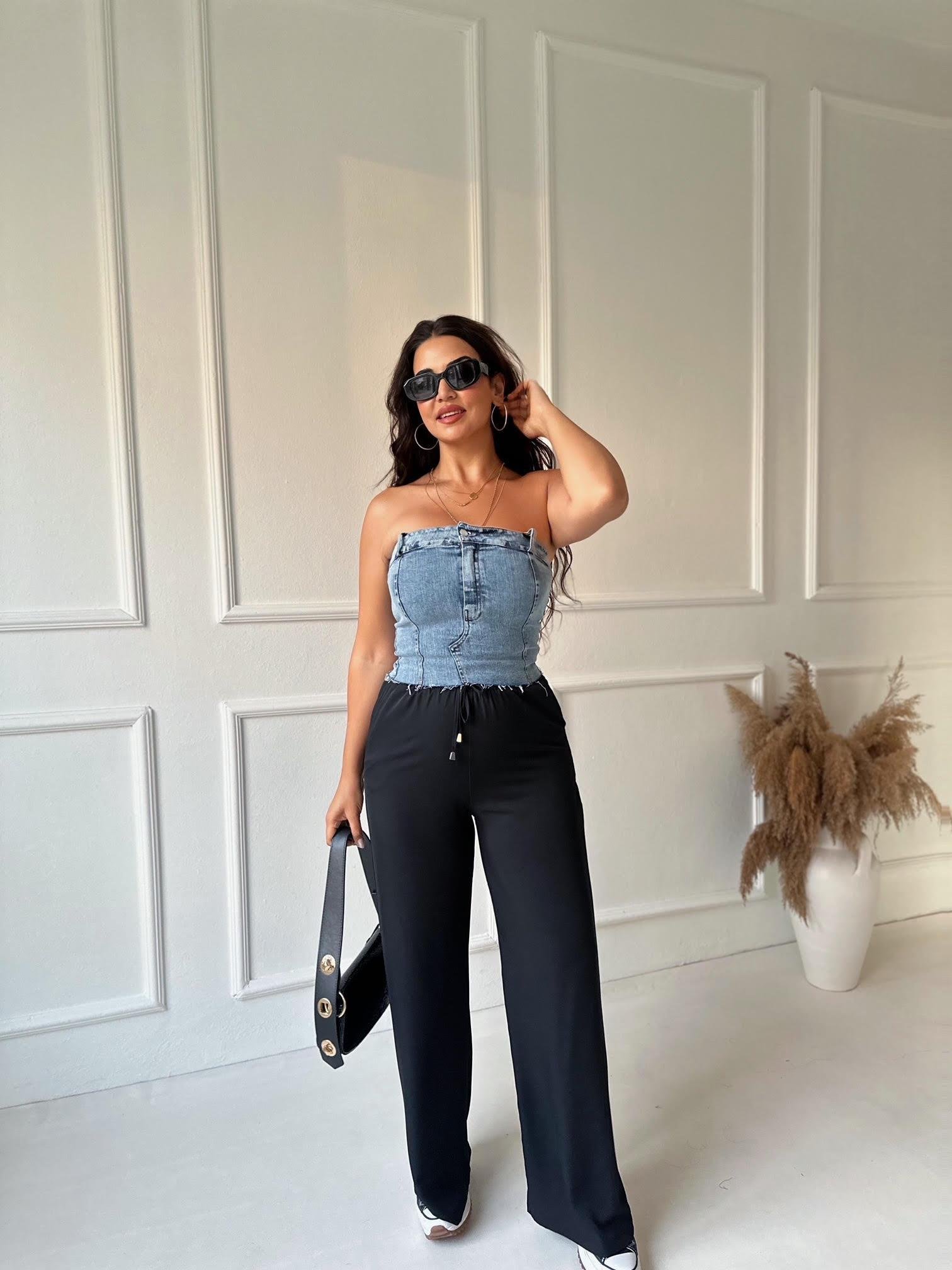 Lüks Kalite Likralı Denim Straplez Bluz