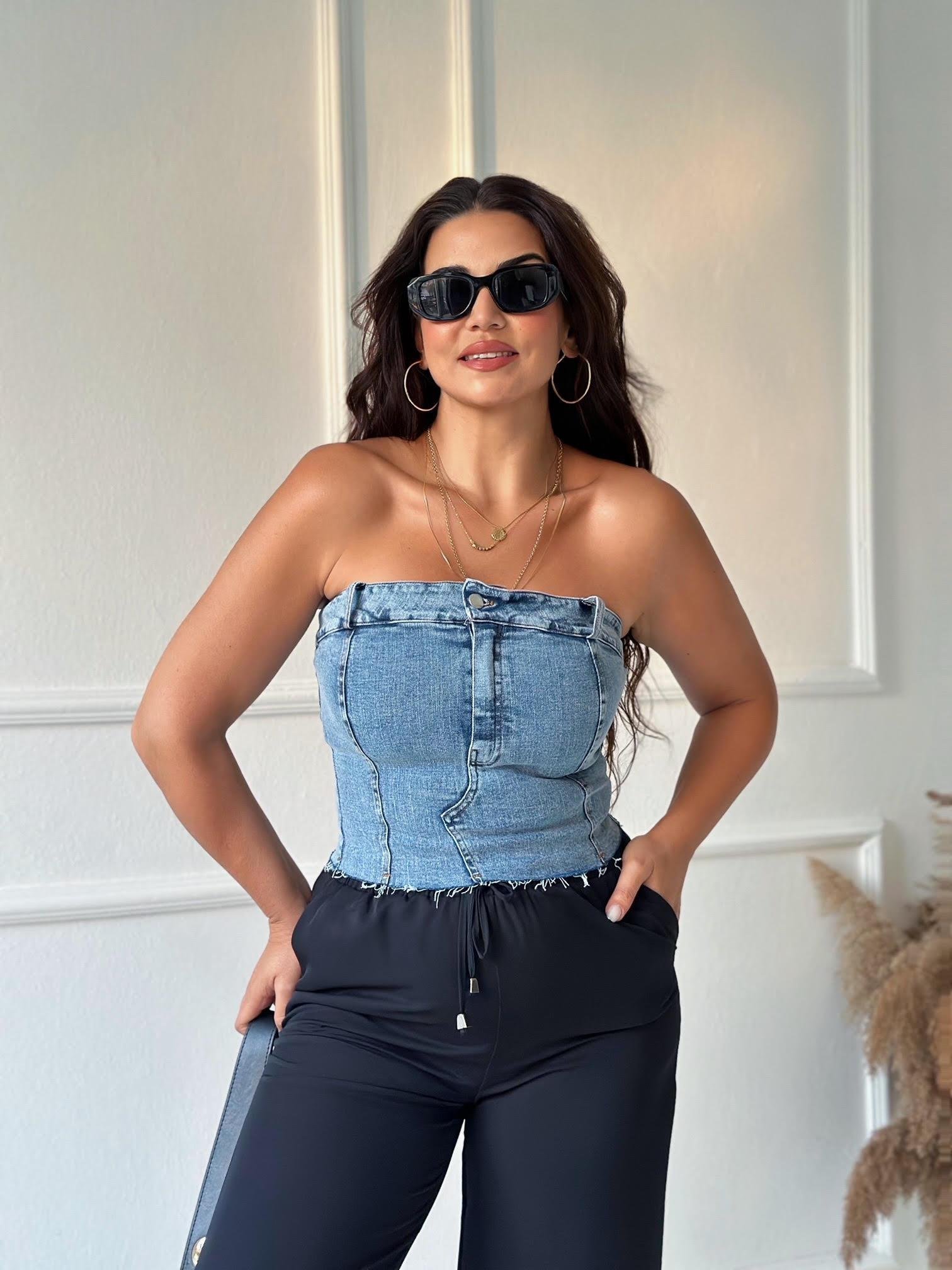 Lüks Kalite Likralı Denim Straplez Bluz