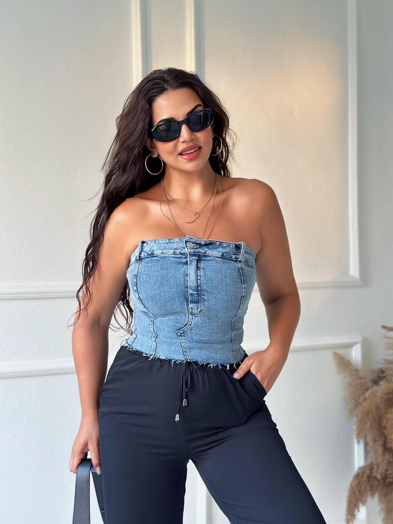 Lüks Kalite Likralı Denim Straplez Bluz