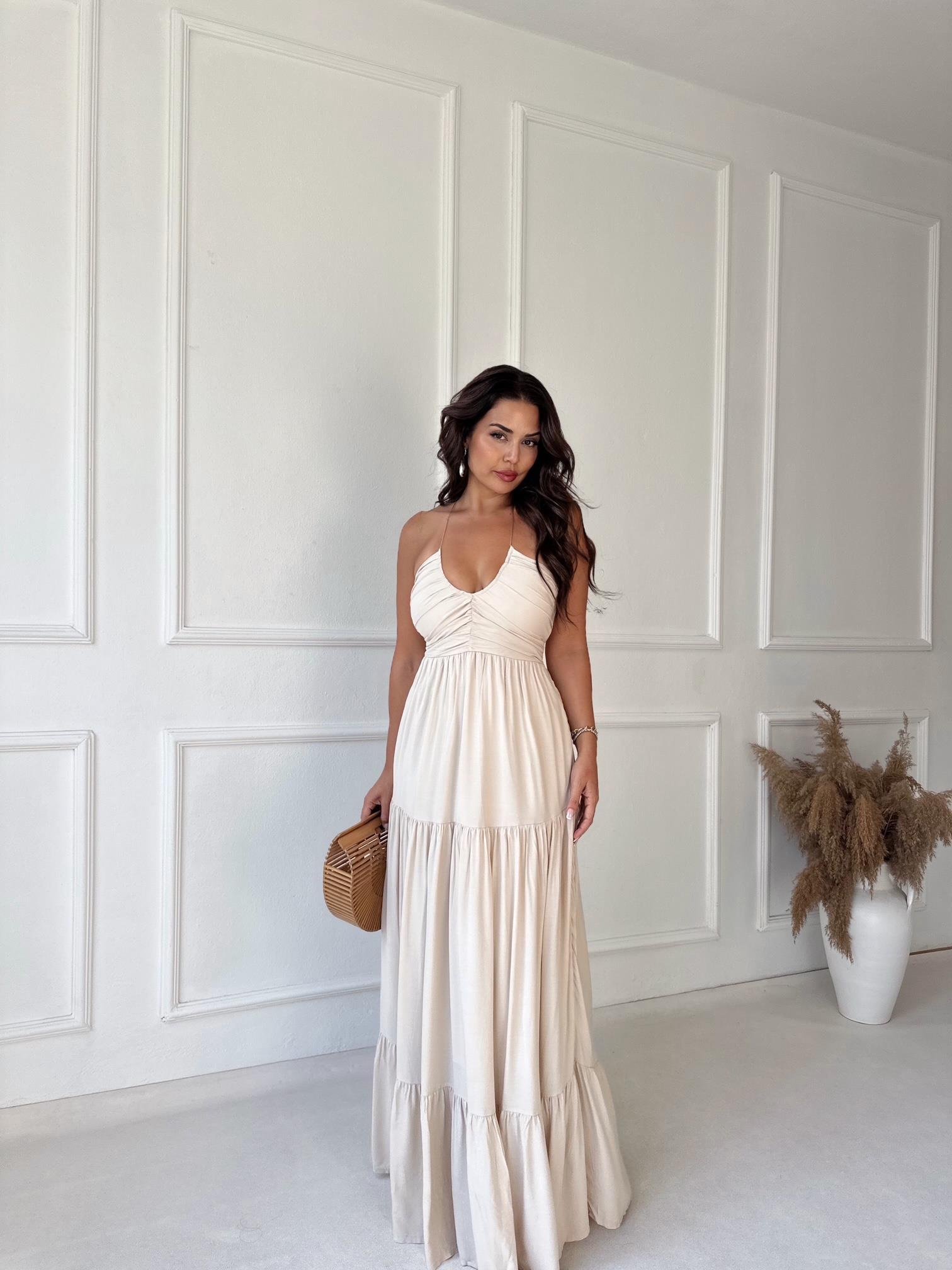 Lüks Kalite Maksi Elbise Ekru