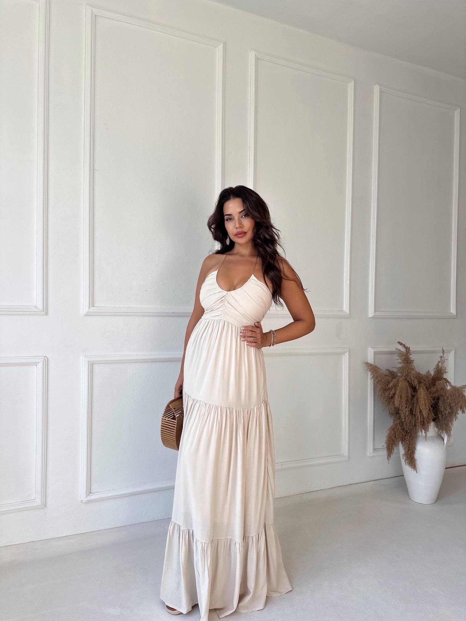 Lüks Kalite Maksi Elbise Ekru