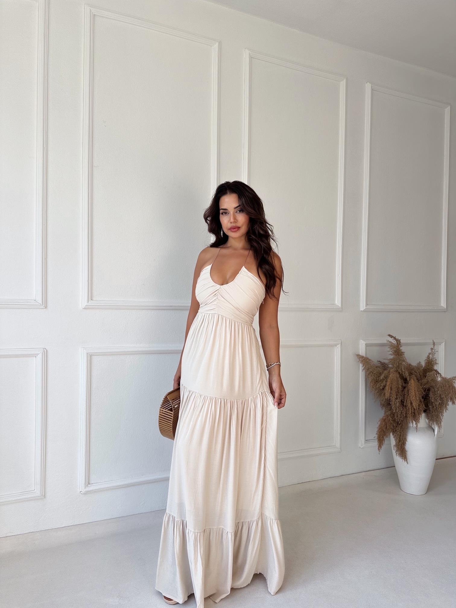 Lüks Kalite Maksi Elbise Ekru