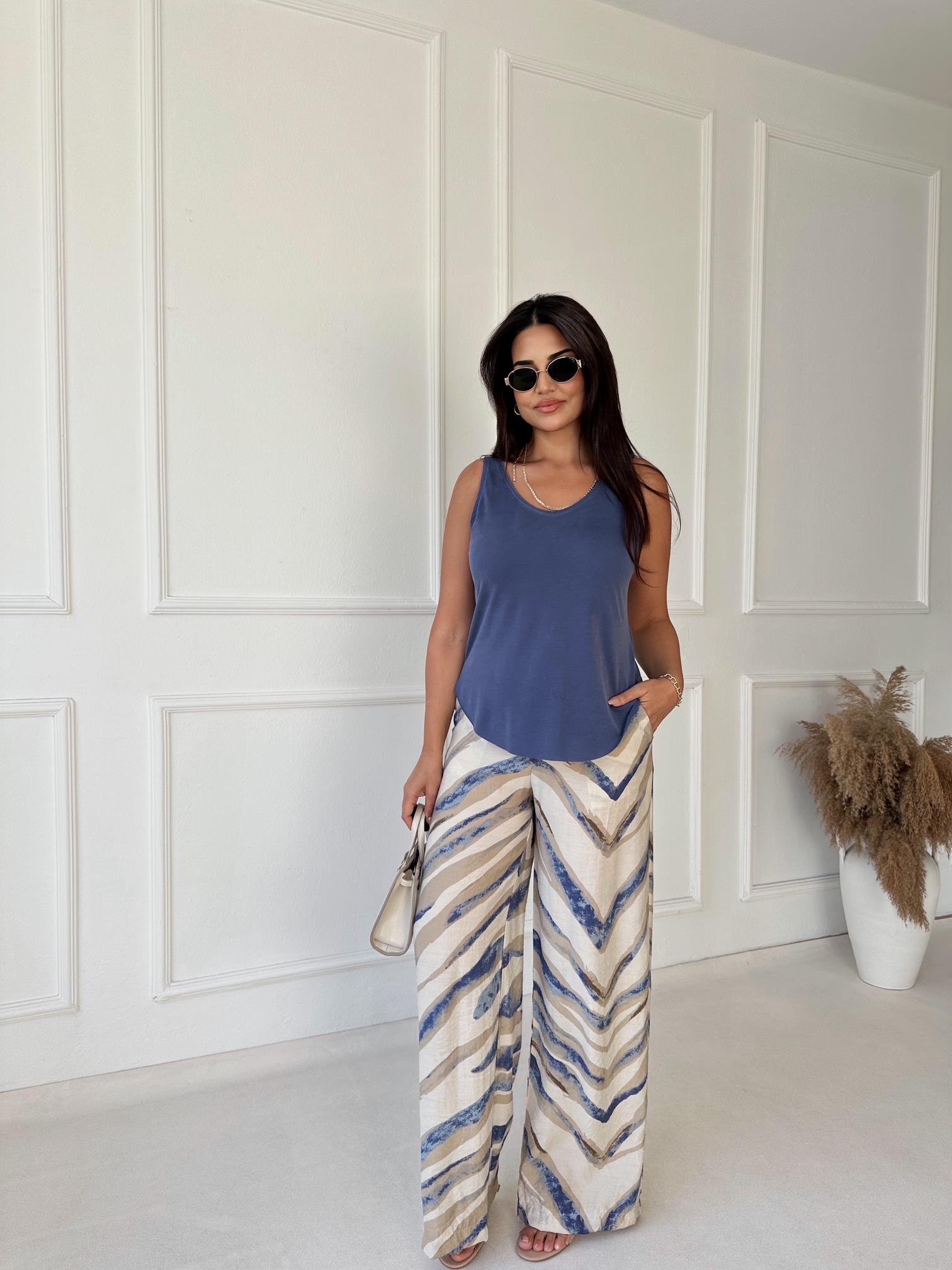 Lüks Kalite Mavi Desenli Bol Paşa Viskon Pantolon