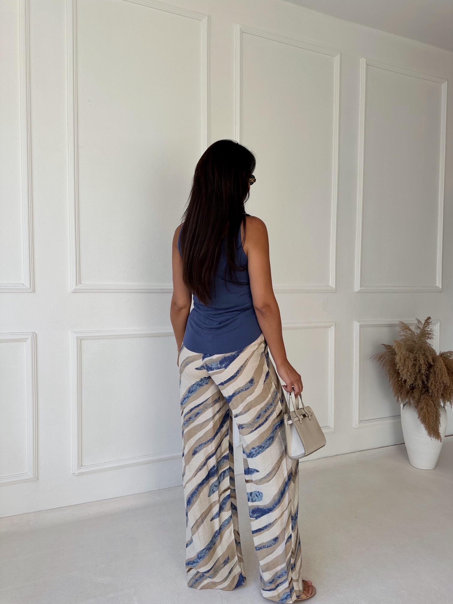 Lüks Kalite Mavi Desenli Bol Paşa Viskon Pantolon