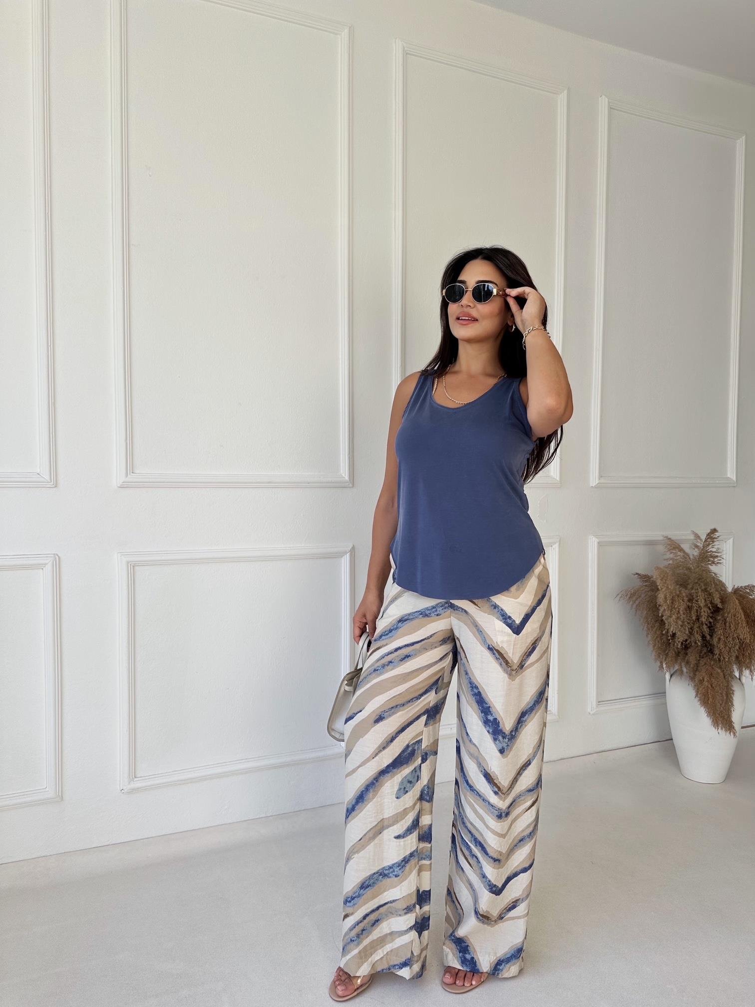 Lüks Kalite Mavi Desenli Bol Paşa Viskon Pantolon