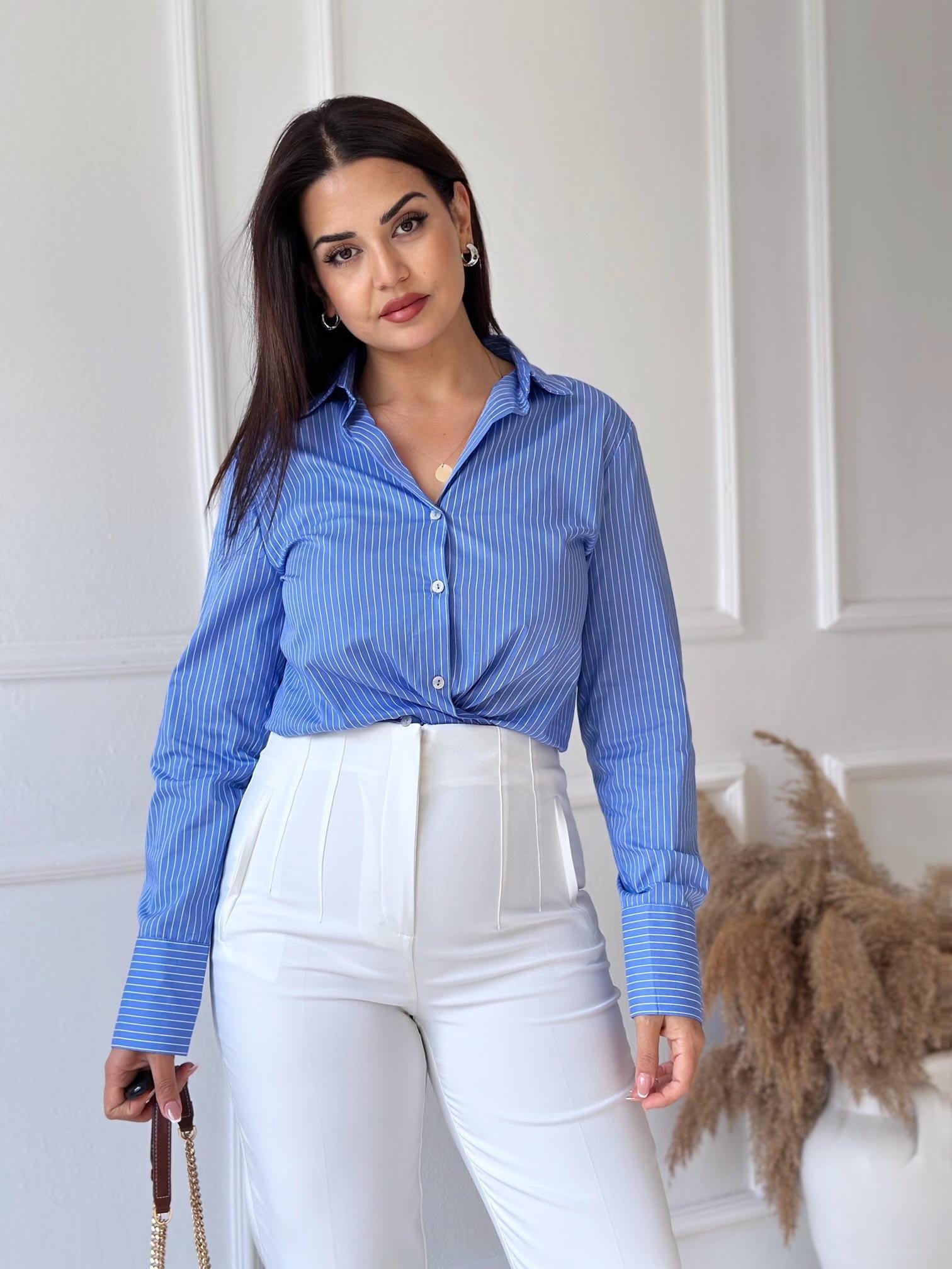 Lüks Kalite Mavi İnce Beyaz Çizgili Poplin Gömlek