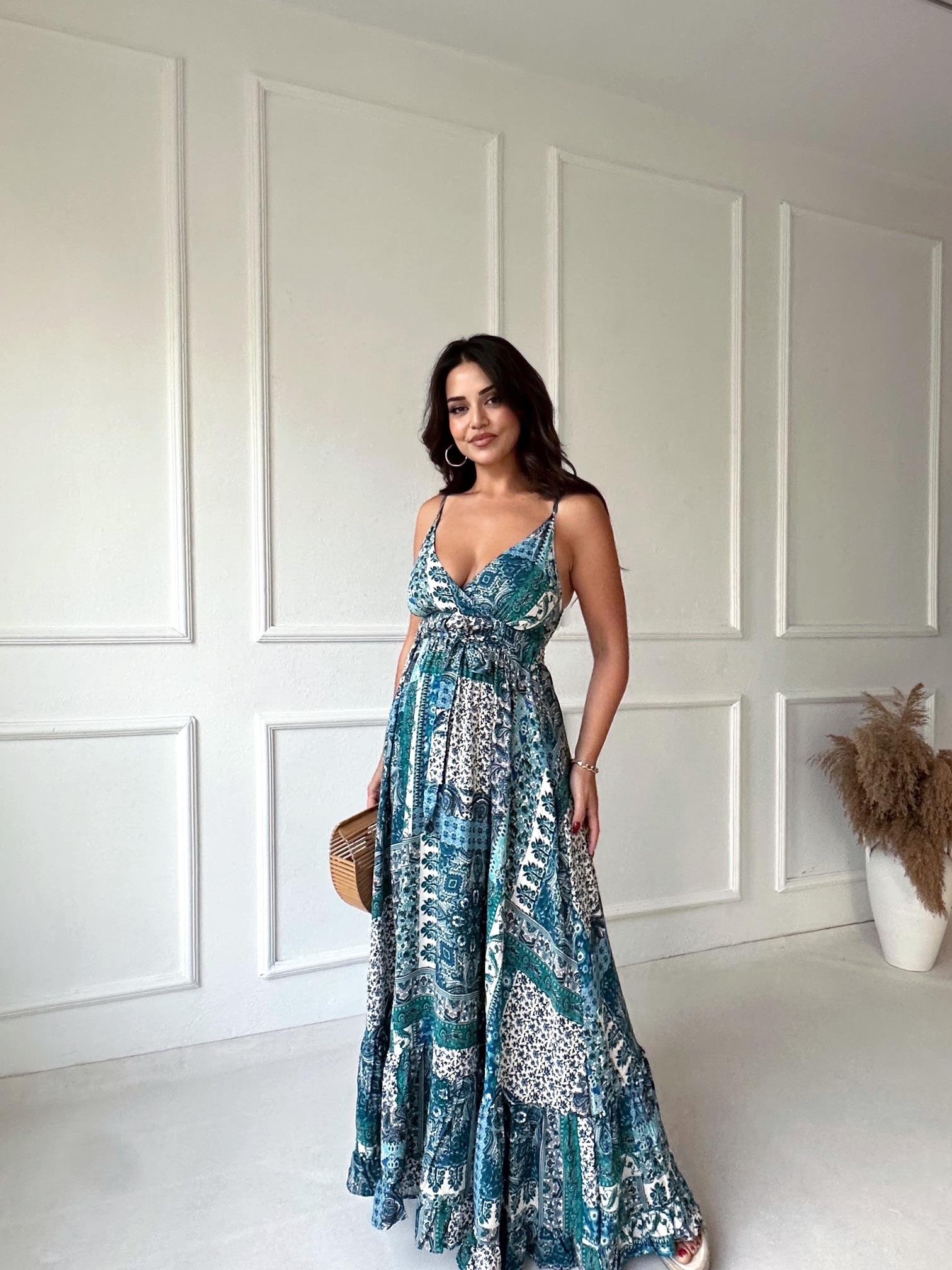 Lüks Kalite Mavi Şal Desen Maksi Elbise - Nora Butik