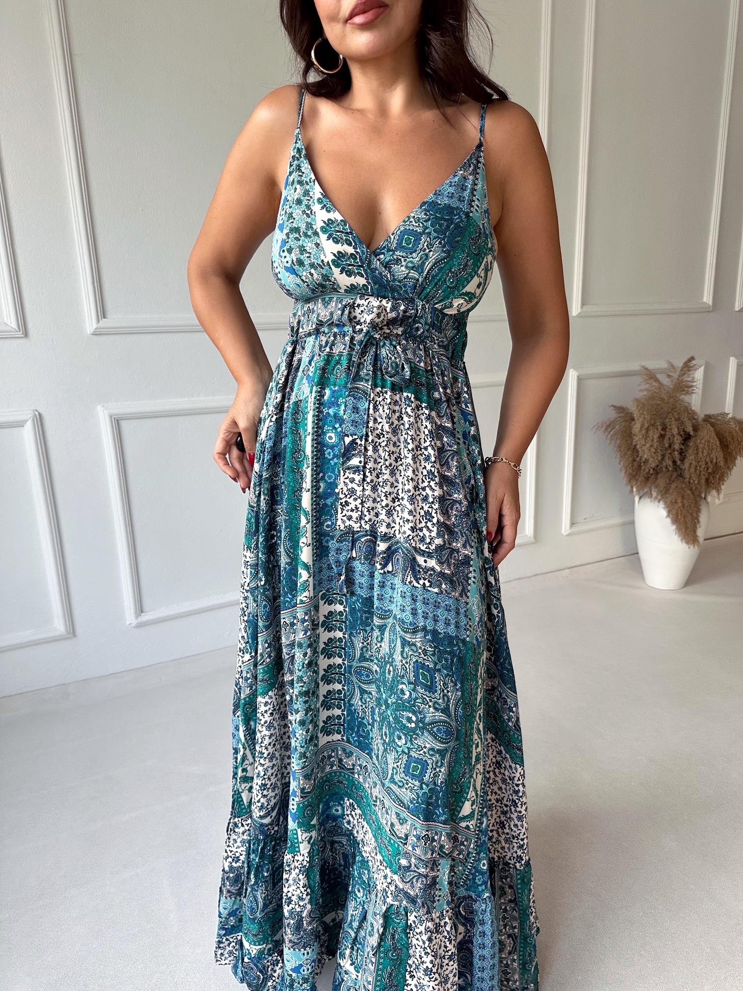 Lüks Kalite Mavi Şal Desen Maksi Elbise - Nora Butik