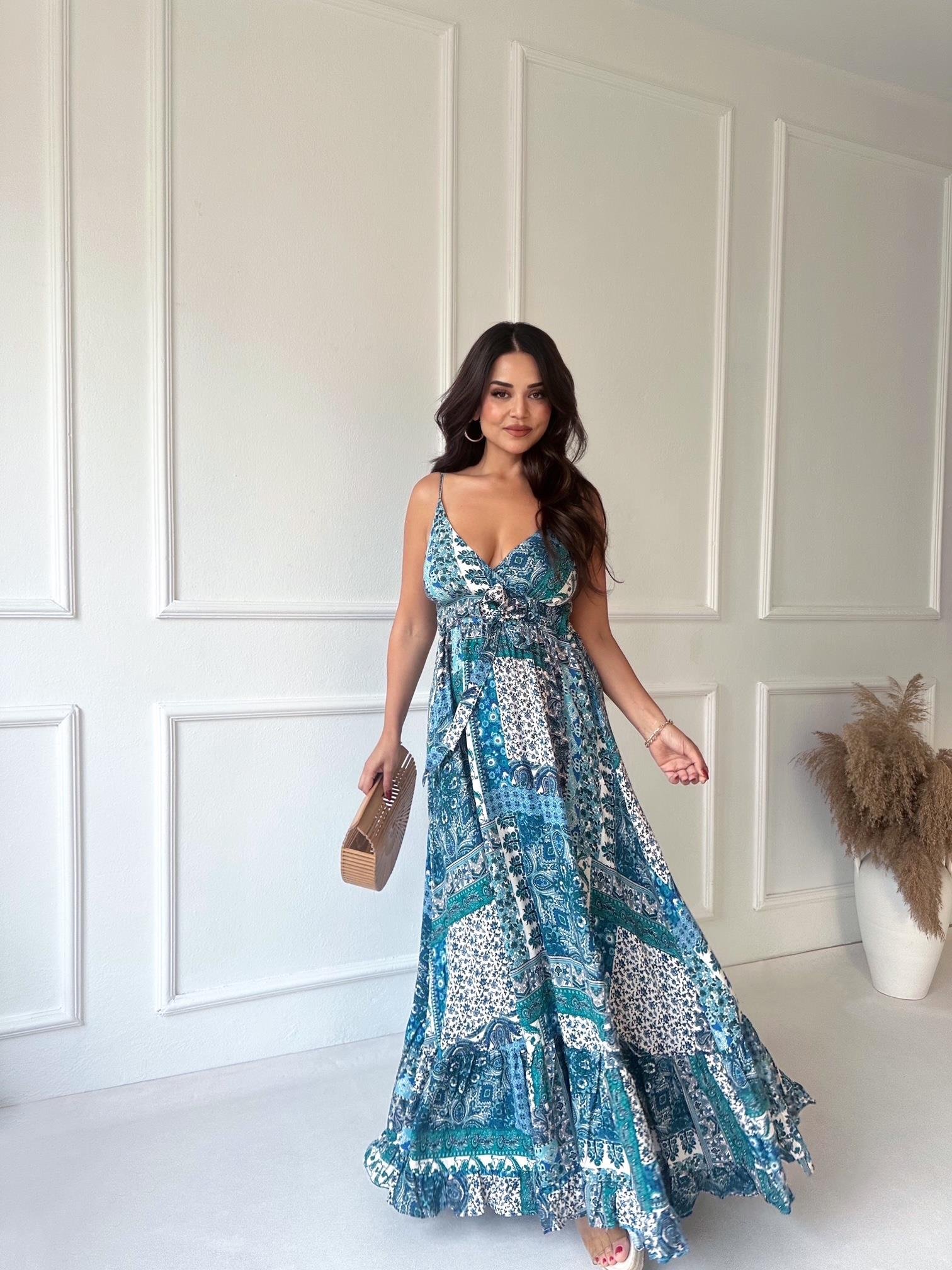 Lüks Kalite Mavi Şal Desen Maksi Elbise - Nora Butik