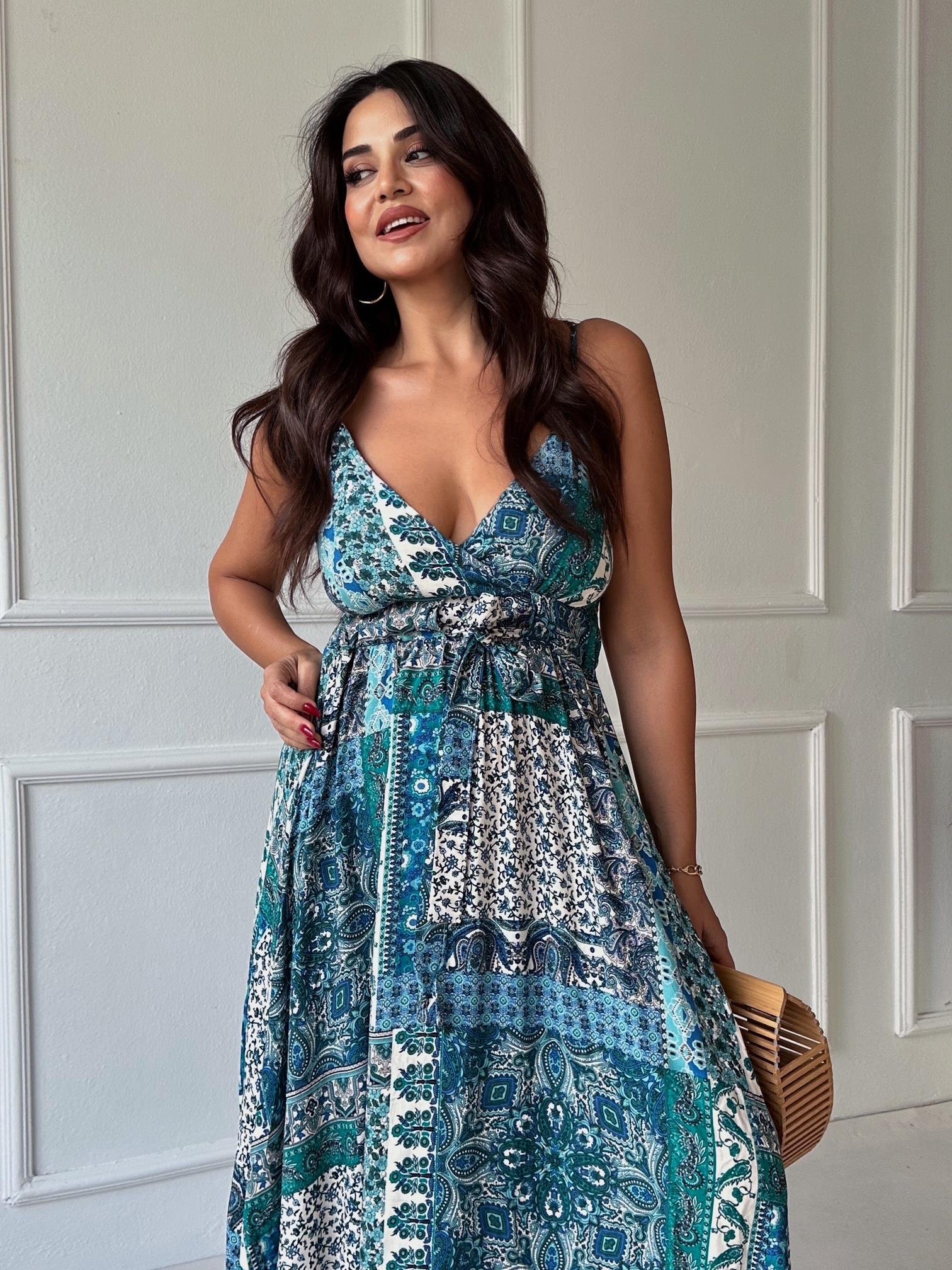 Lüks Kalite Mavi Şal Desen Maksi Elbise - Nora Butik