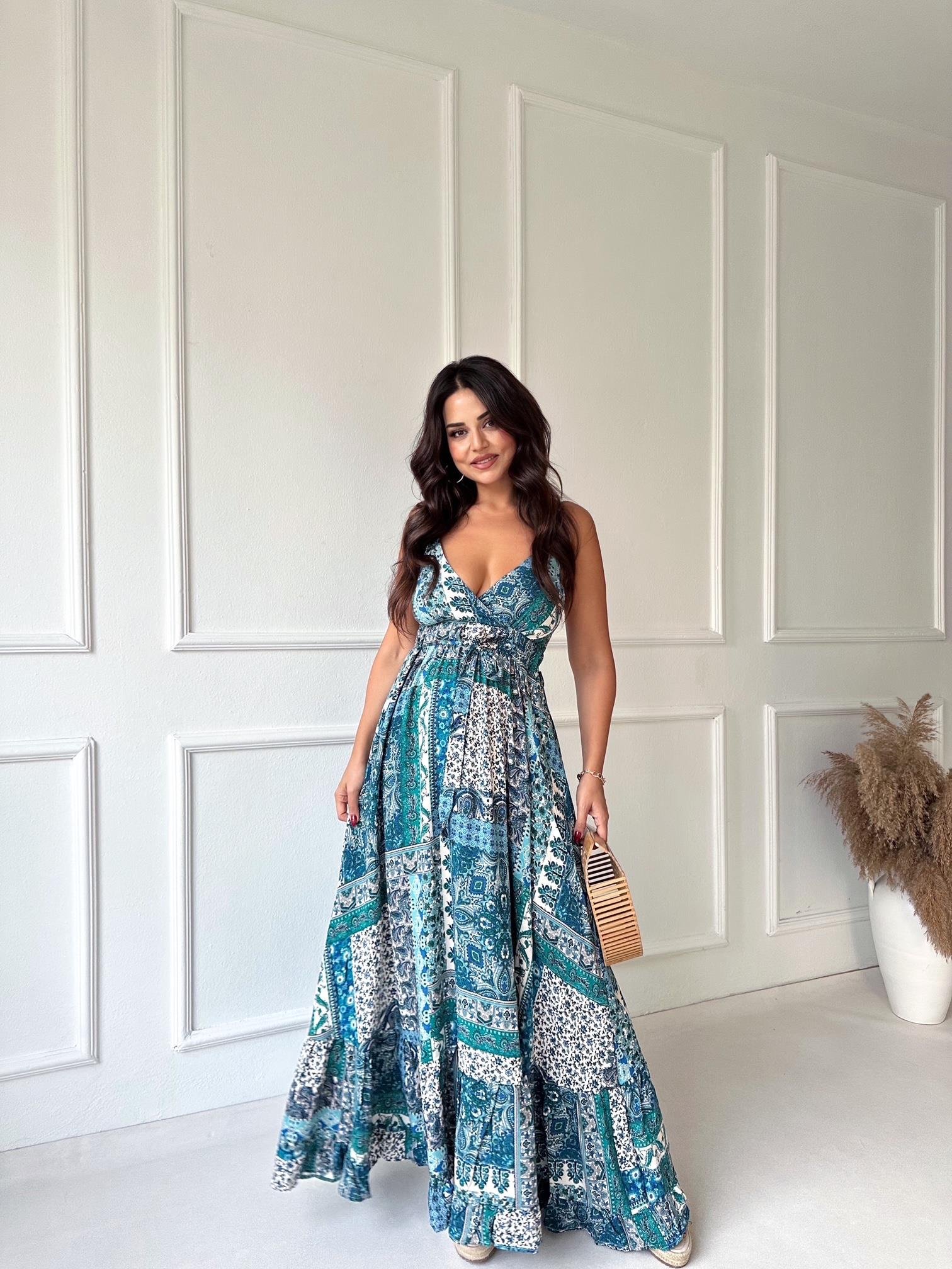 Lüks Kalite Mavi Şal Desen Maksi Elbise - Nora Butik