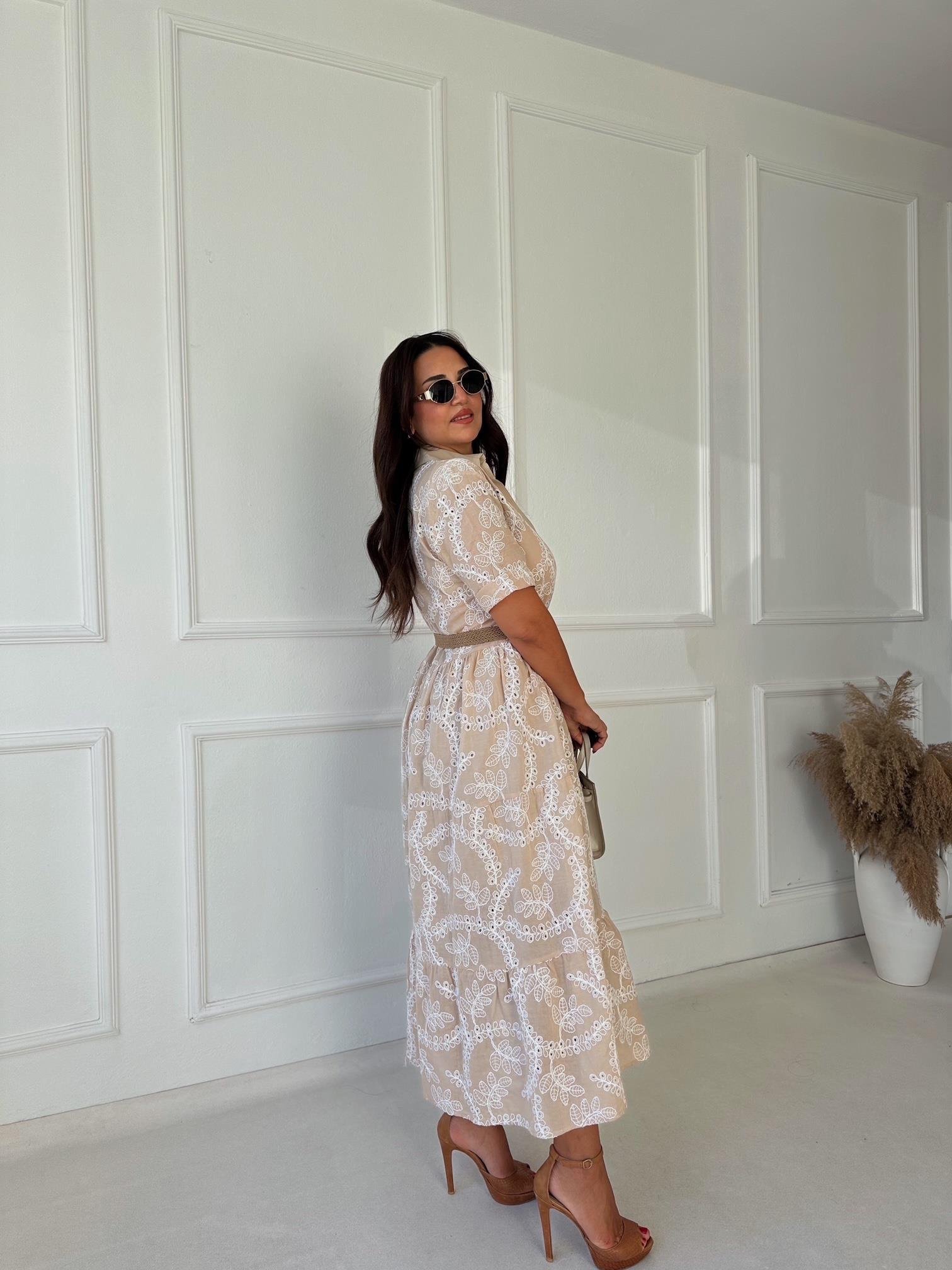 Lüks Kalite Nakışlı Kumaş Bej Midi Gömlek Elbise