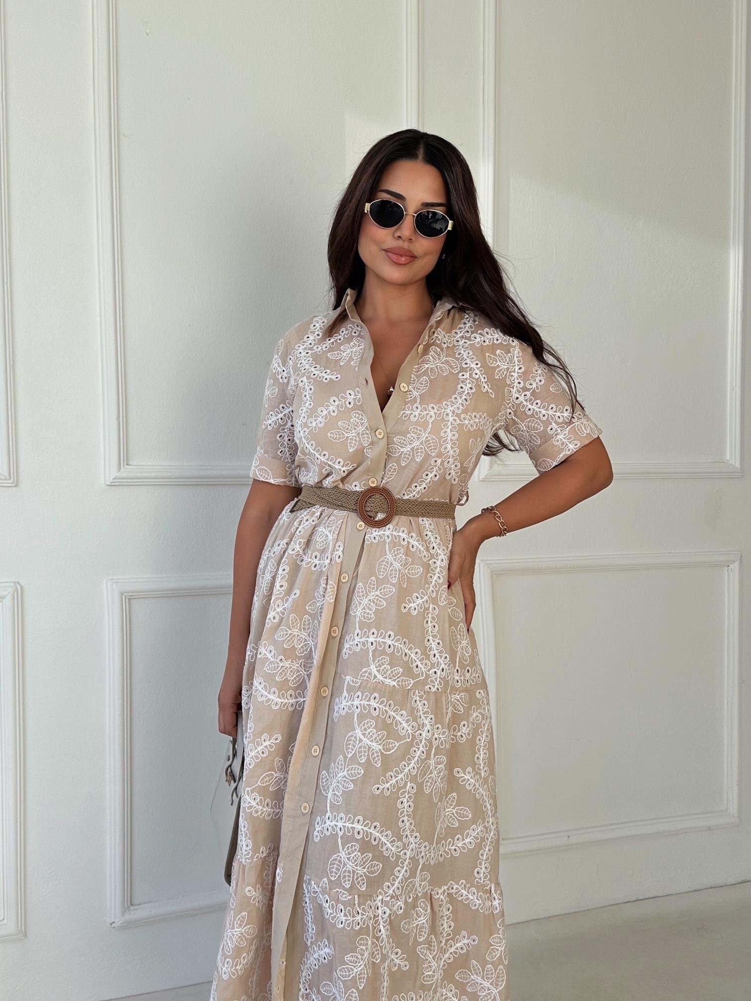 Lüks Kalite Nakışlı Kumaş Bej Midi Gömlek Elbise