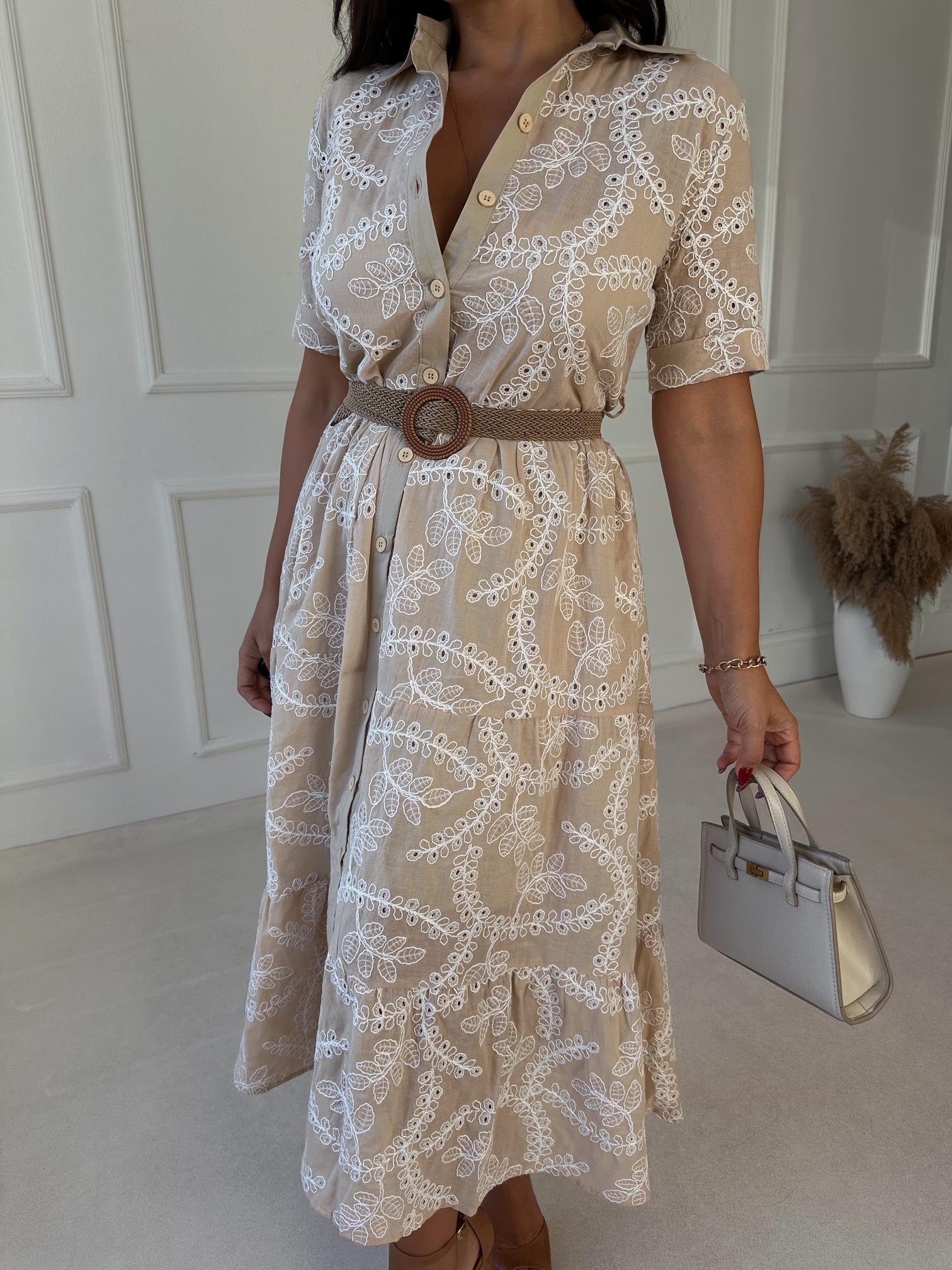 Lüks Kalite Nakışlı Kumaş Bej Midi Gömlek Elbise