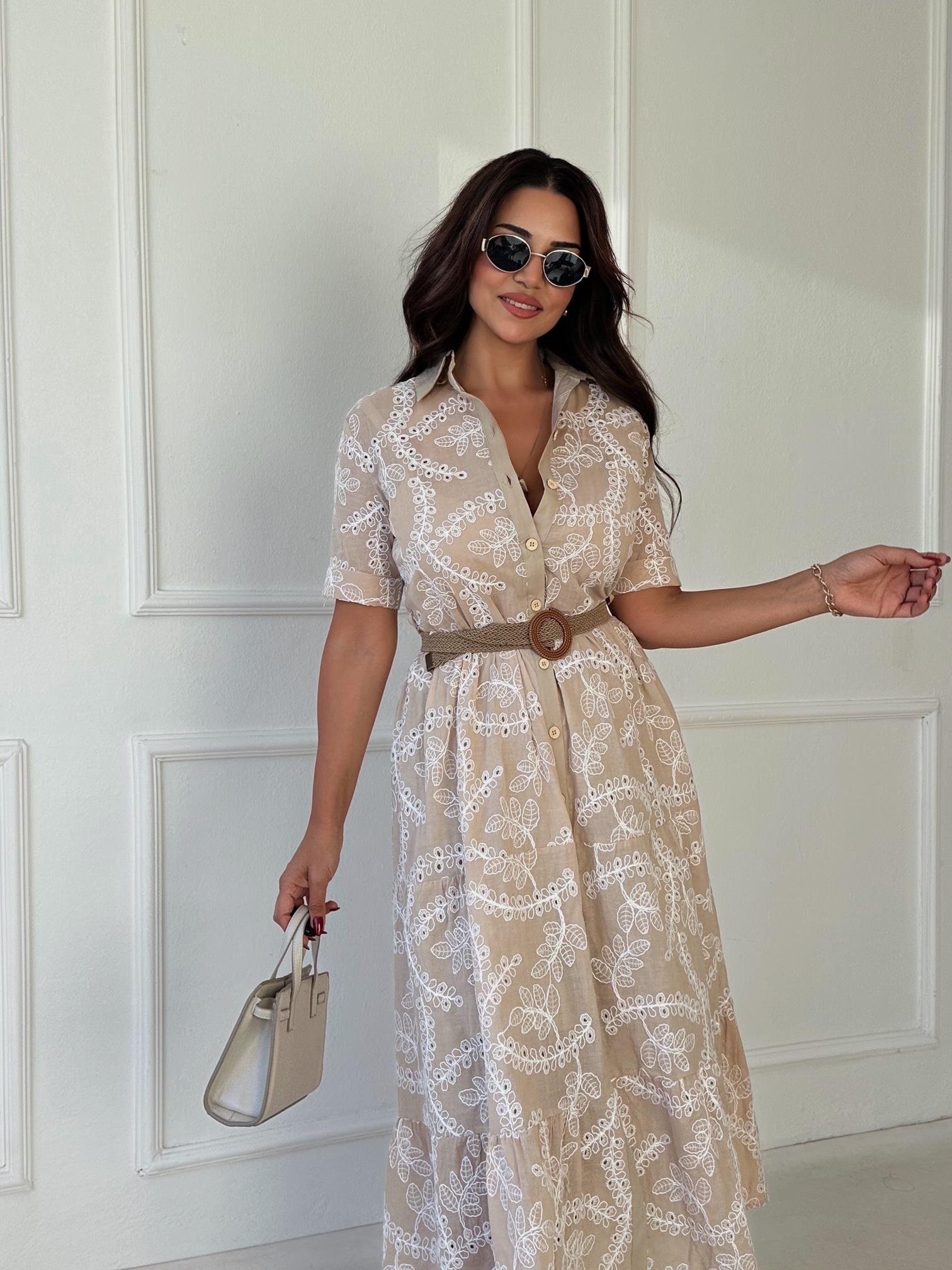 Lüks Kalite Nakışlı Kumaş Bej Midi Gömlek Elbise