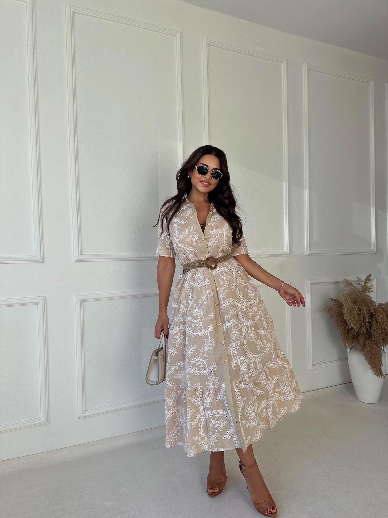 Lüks Kalite Nakışlı Kumaş Bej Midi Gömlek Elbise