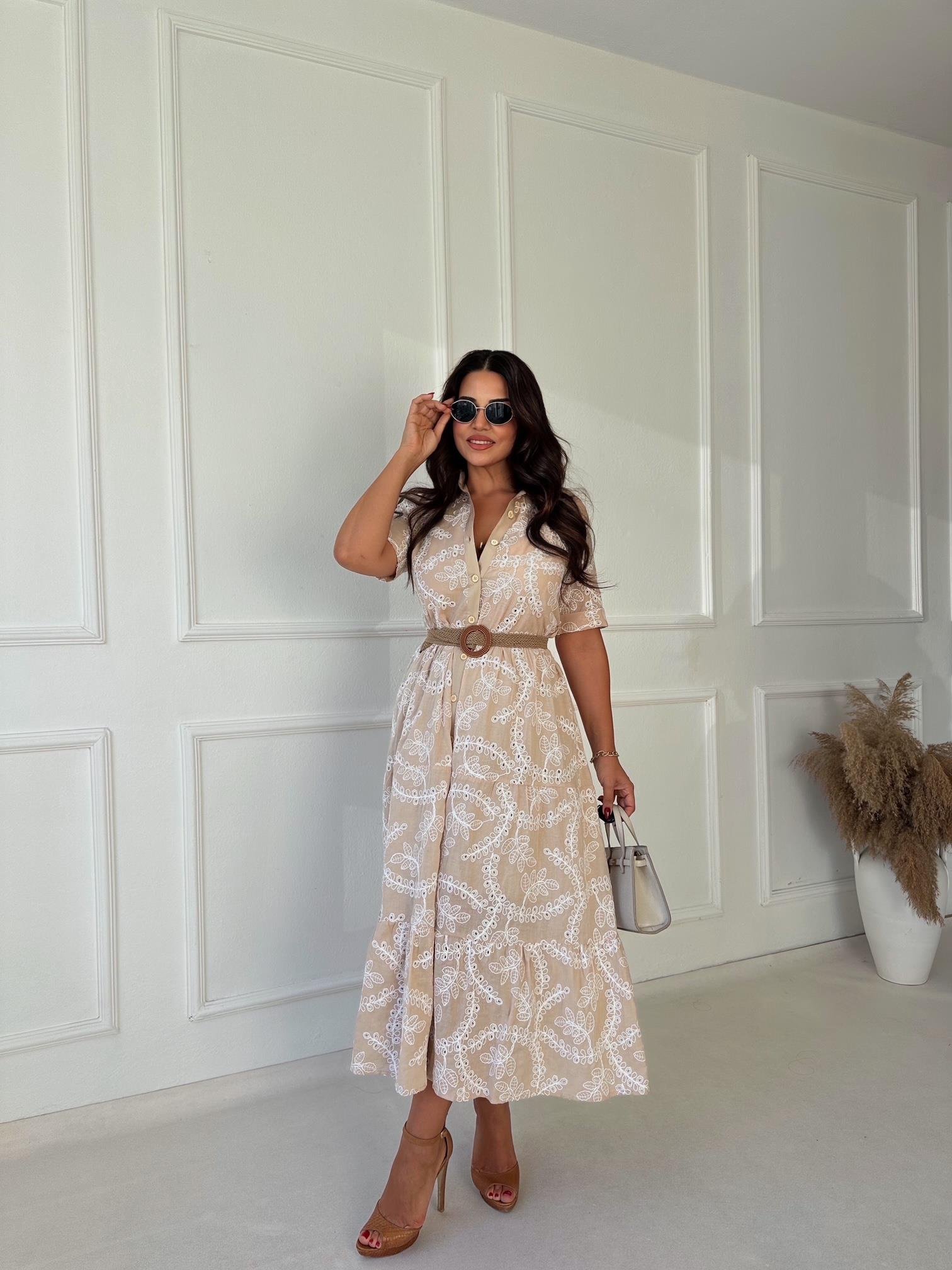 Lüks Kalite Nakışlı Kumaş Bej Midi Gömlek Elbise