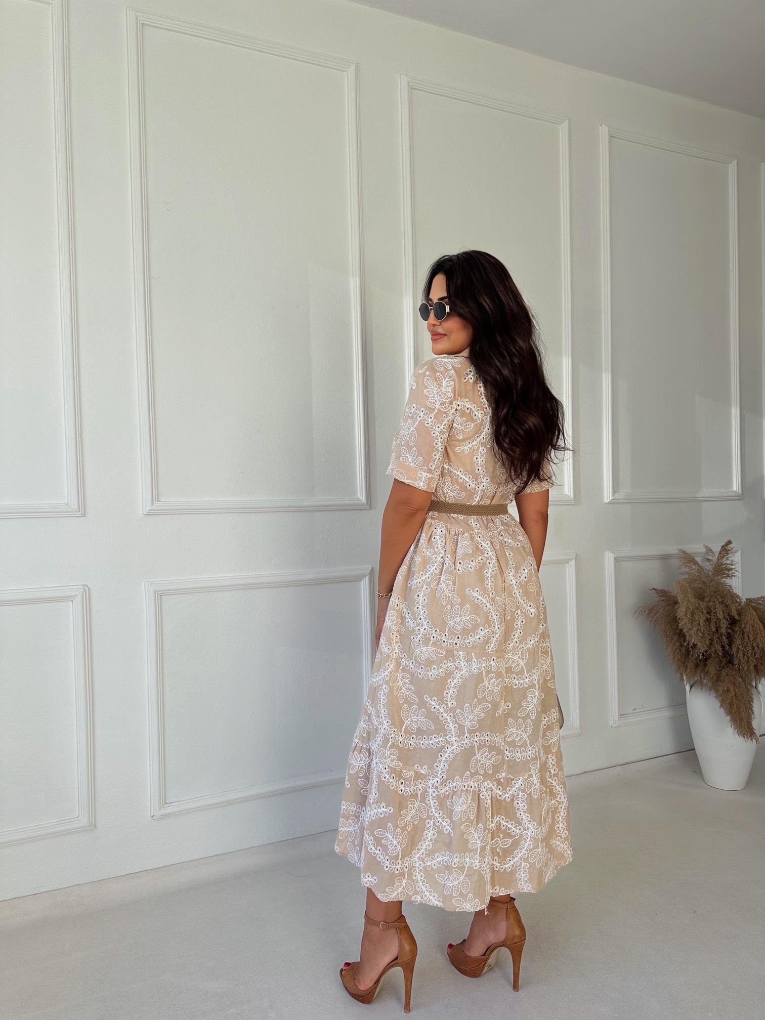 Lüks Kalite Nakışlı Kumaş Bej Midi Gömlek Elbise