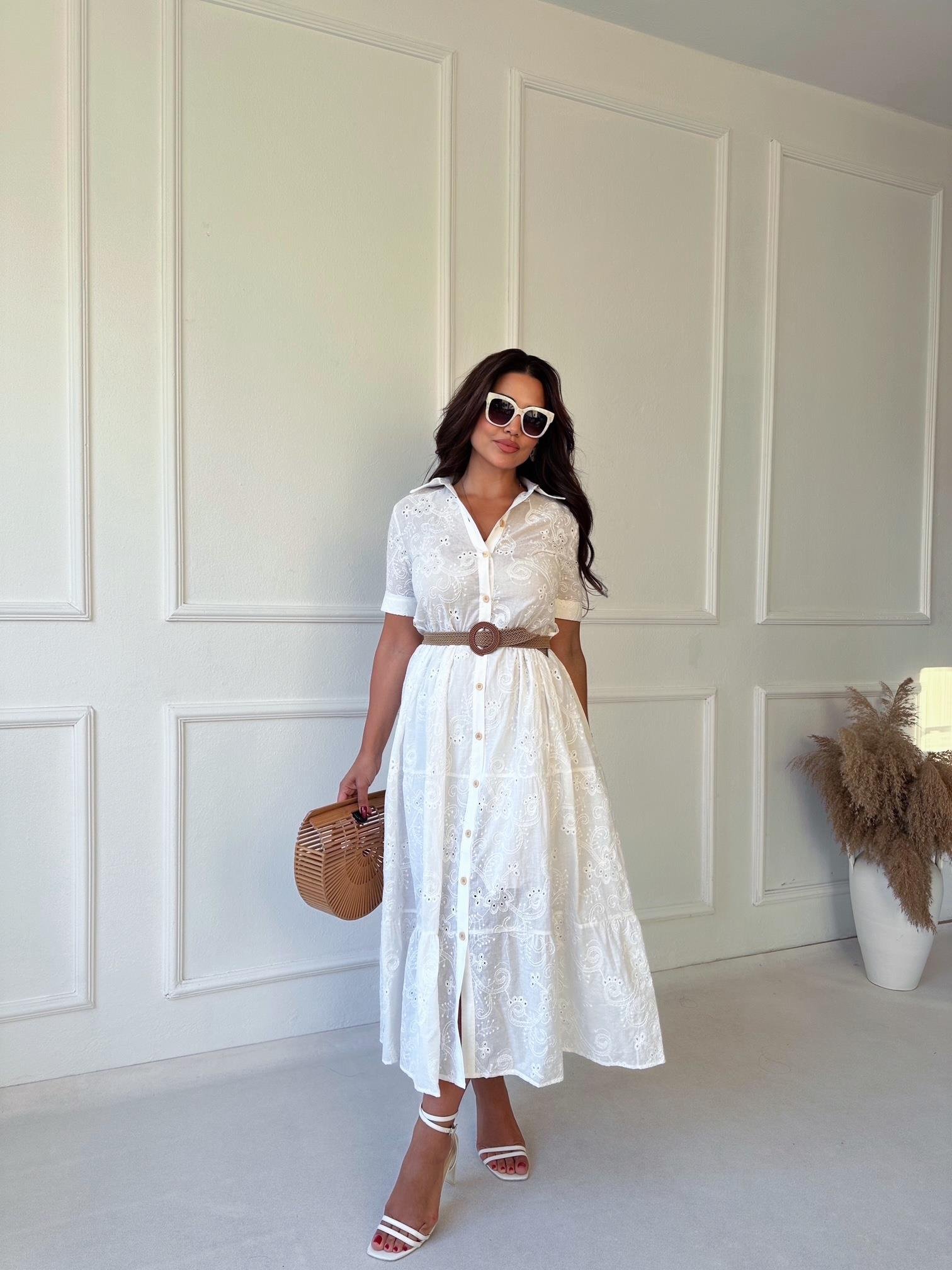 Lüks Kalite Nakışlı Kumaş Beyaz Midi Gömlek Elbise