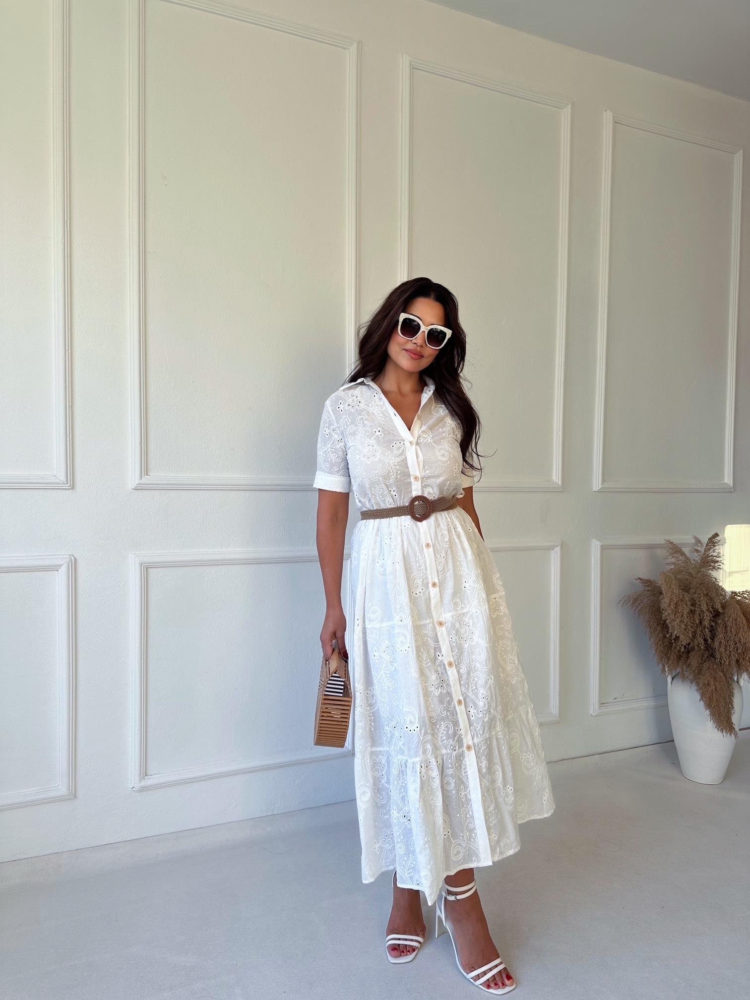 Lüks Kalite Nakışlı Kumaş Beyaz Midi Gömlek Elbise