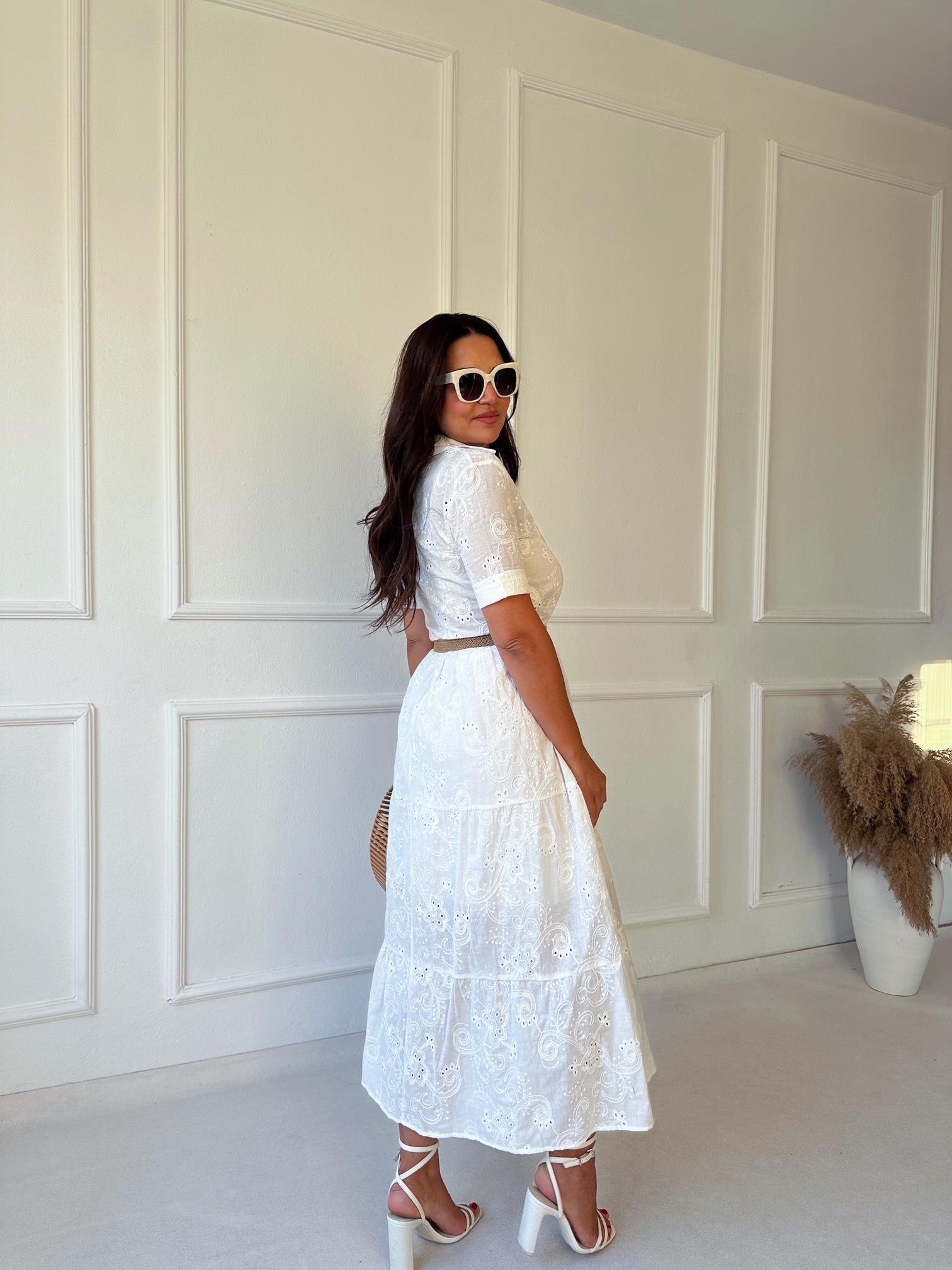 Lüks Kalite Nakışlı Kumaş Beyaz Midi Gömlek Elbise