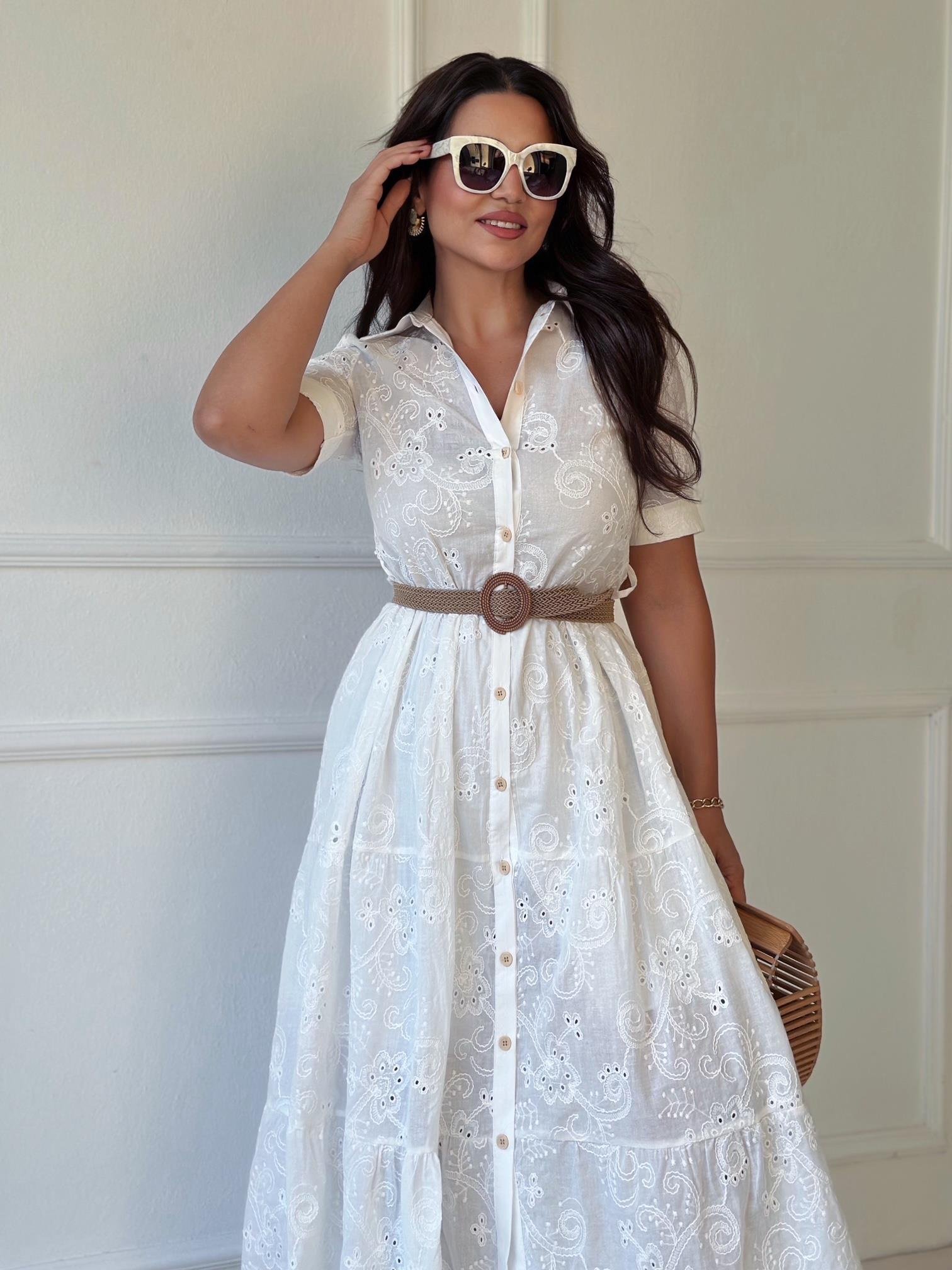 Lüks Kalite Nakışlı Kumaş Beyaz Midi Gömlek Elbise