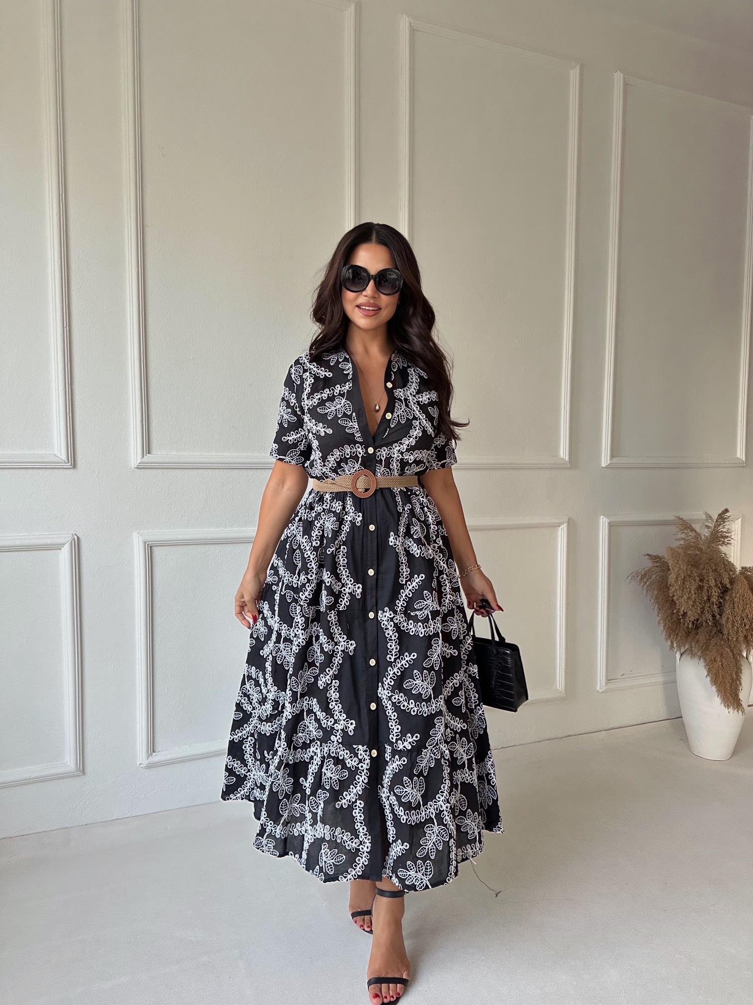 Lüks Kalite Nakışlı Kumaş Siyah Midi Gömlek Elbise