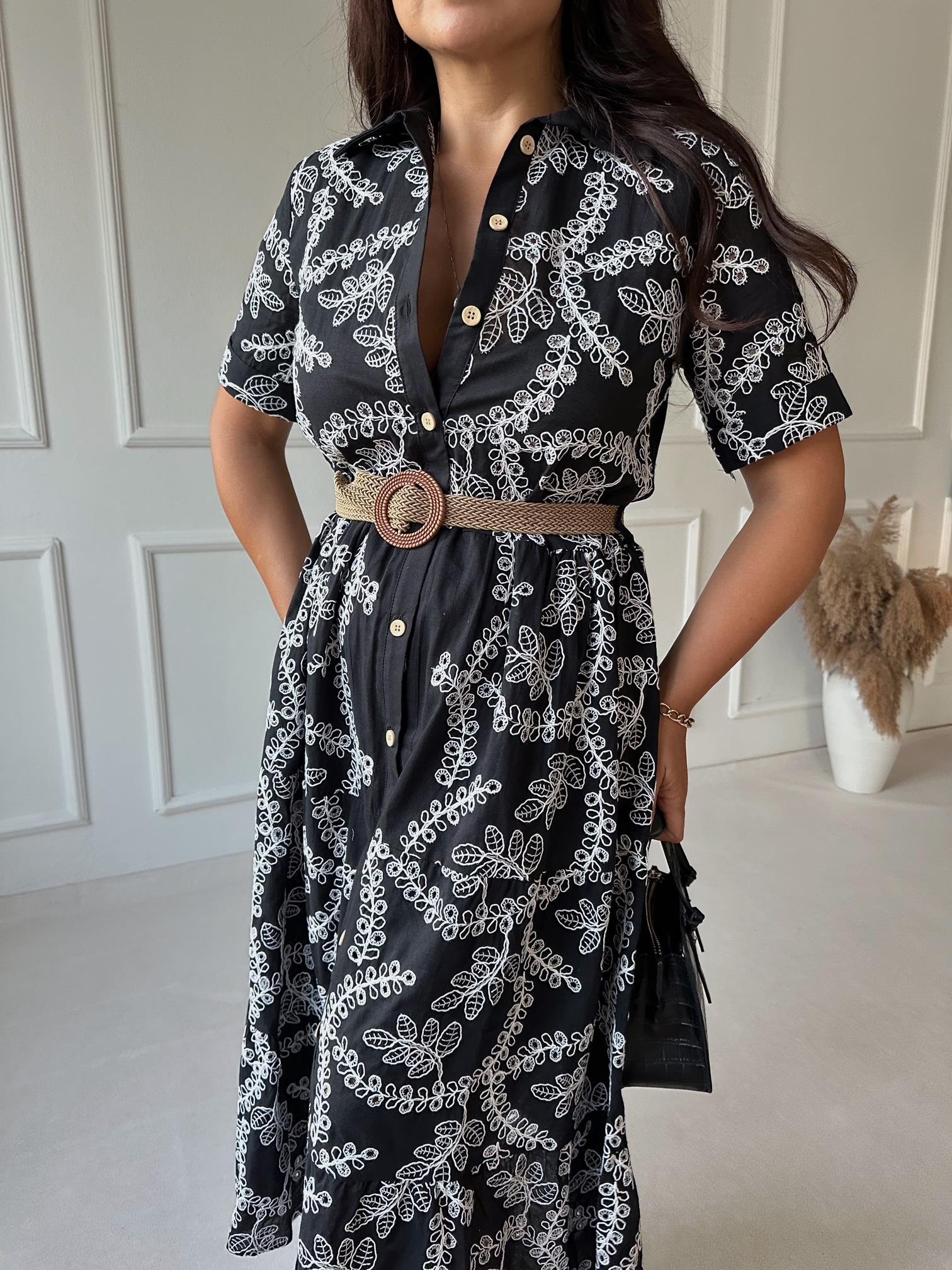 Lüks Kalite Nakışlı Kumaş Siyah Midi Gömlek Elbise