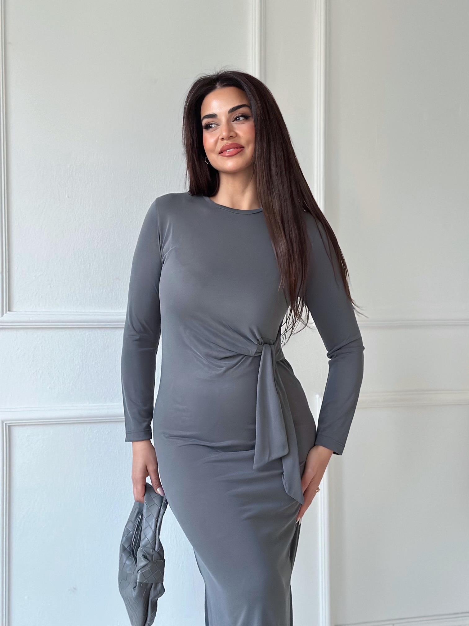 Lüks Kalite Oysho Kumaş Gri Uzun Kollu Elbise