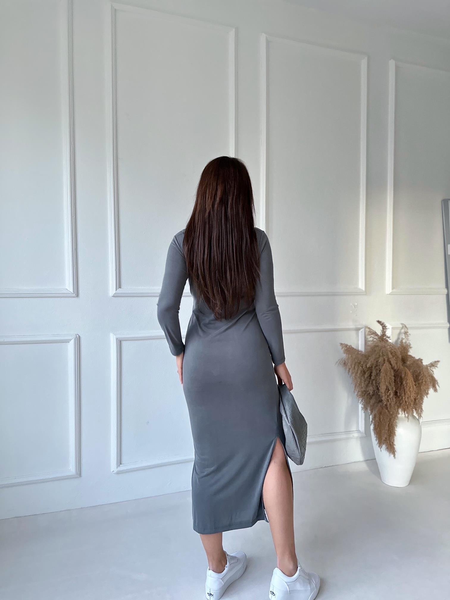 Lüks Kalite Oysho Kumaş Gri Uzun Kollu Elbise