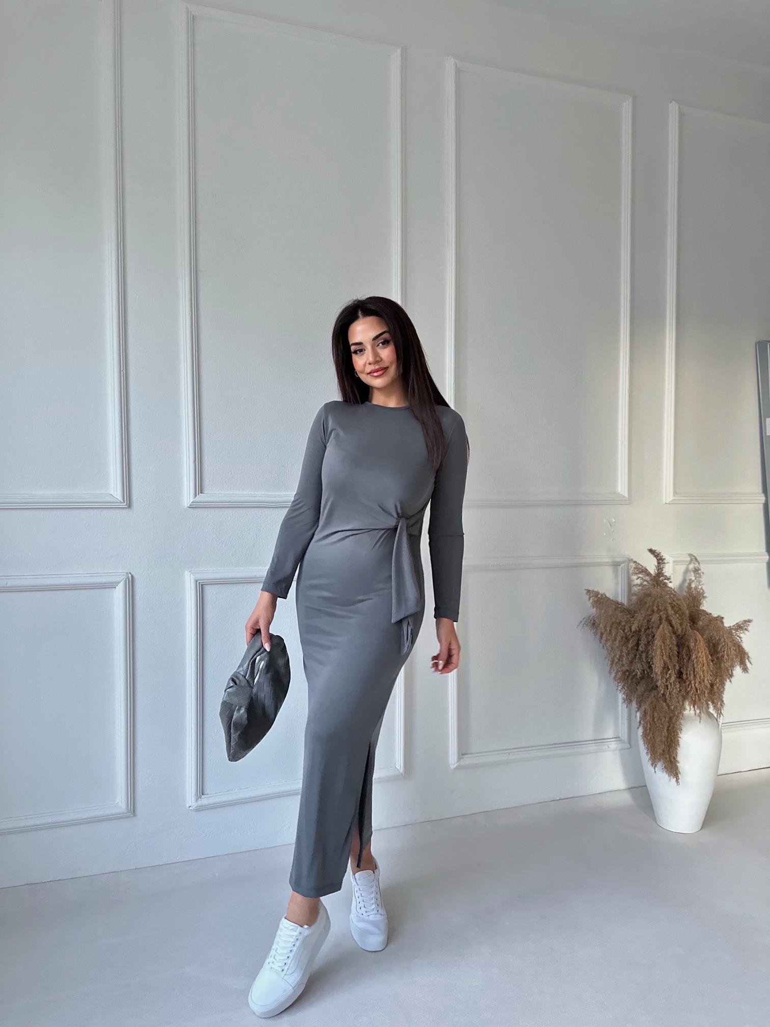 Lüks Kalite Oysho Kumaş Gri Uzun Kollu Elbise