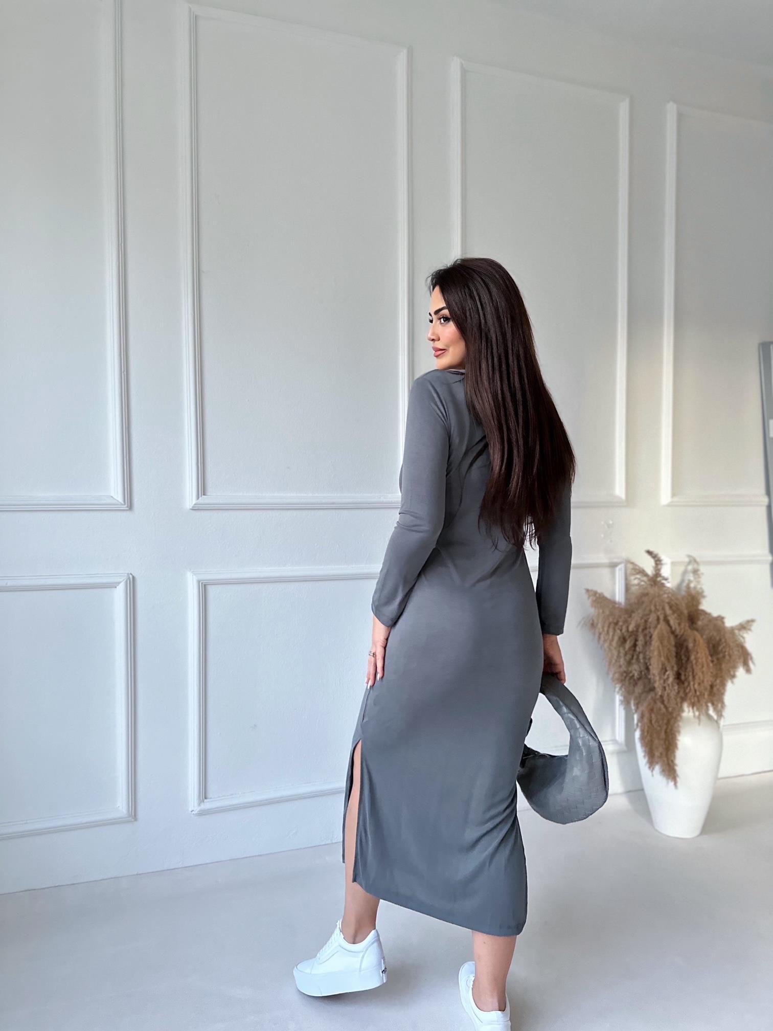 Lüks Kalite Oysho Kumaş Gri Uzun Kollu Elbise