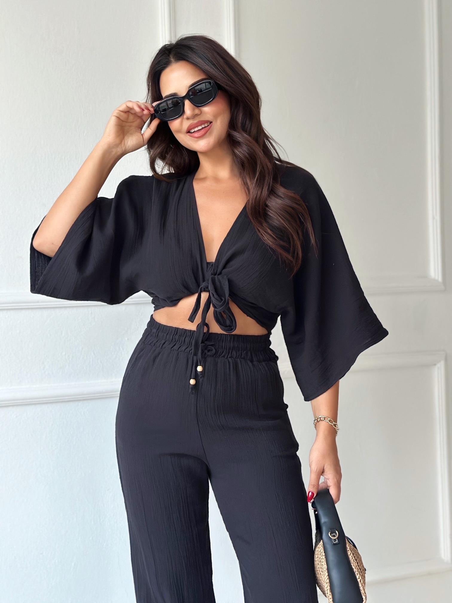 Lüks Kalite Pamuklu Kruvaze Bağlamalı Bluz - Siyah - Nora Butik