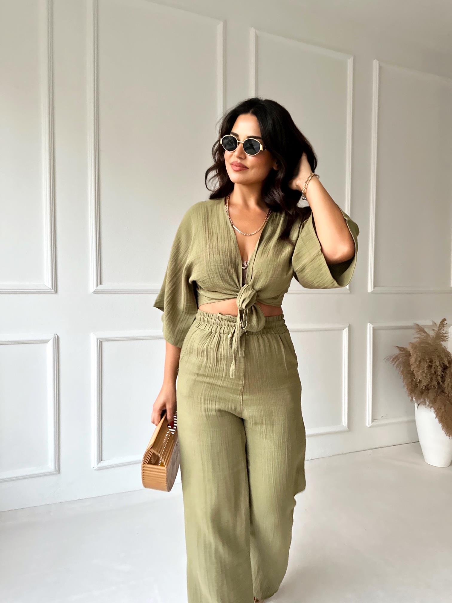 Lüks Kalite Pamuklu Kruvaze Bağlamalı Bluz - Haki - Nora Butik