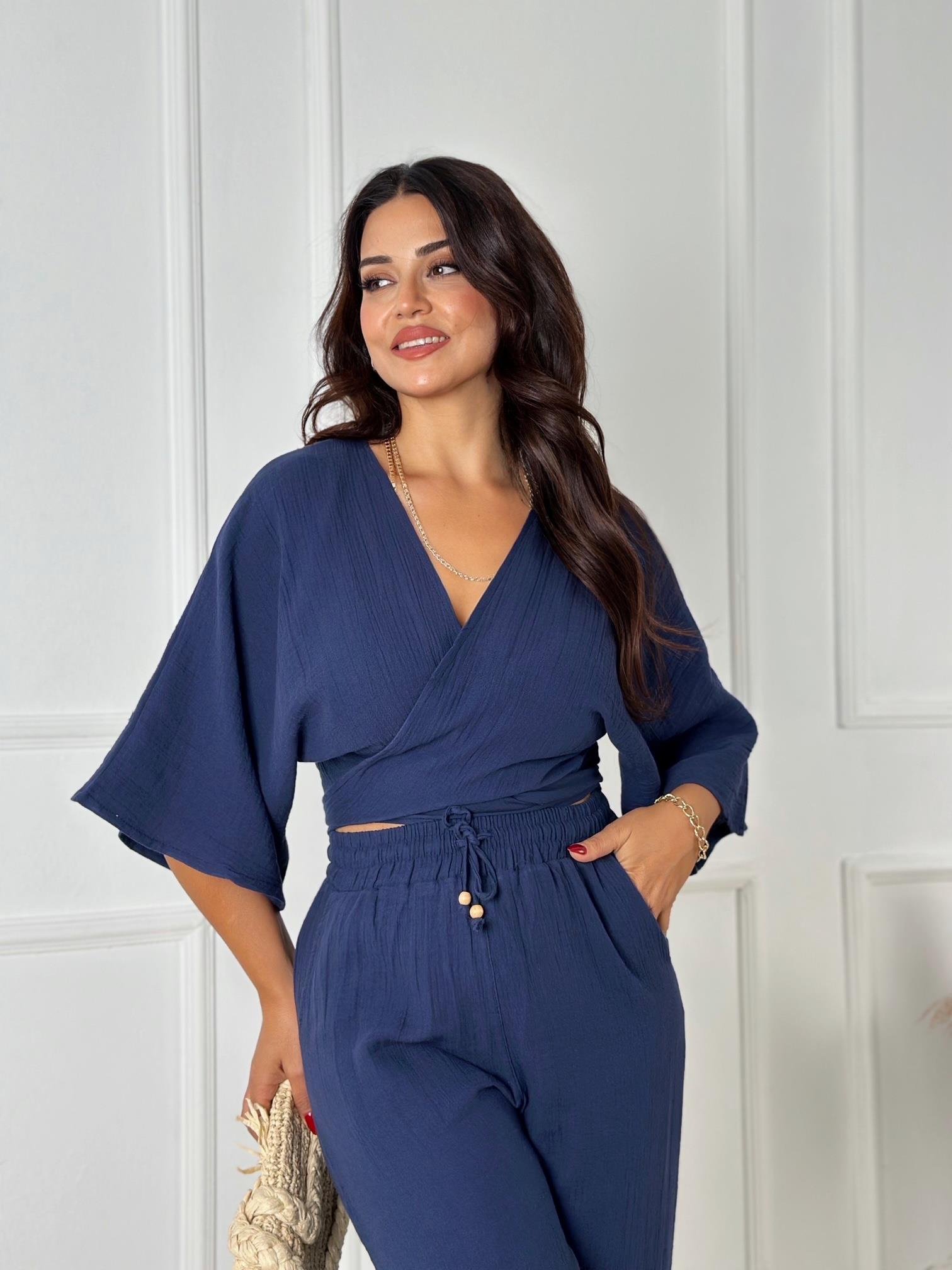 Lüks Kalite Pamuklu Kruvaze Bağlamalı Bluz - Lacivert - Nora Butik