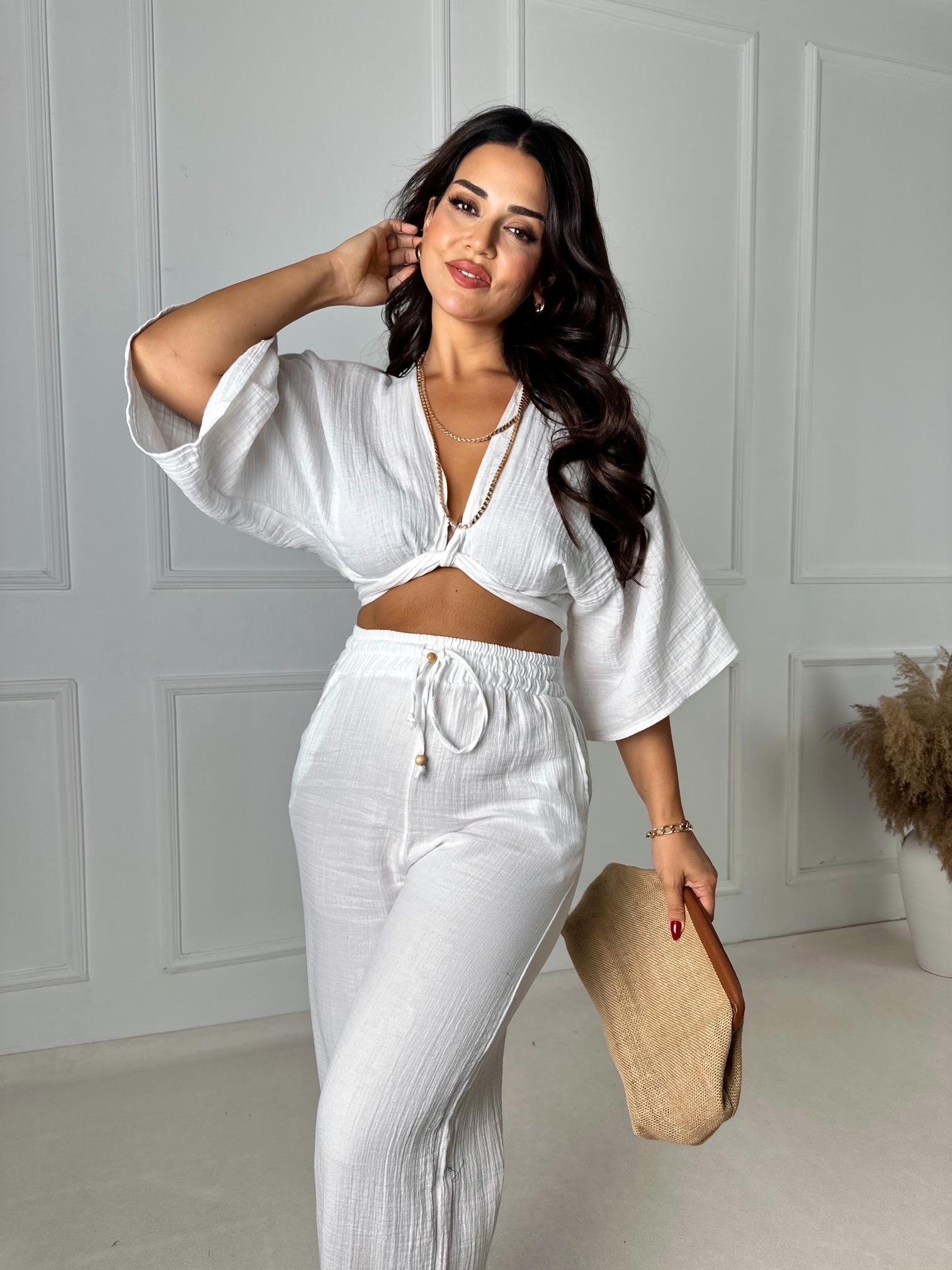 Lüks Kalite Pamuklu Kruvaze Bağlamalı Bluz - Beyaz - Nora Butik