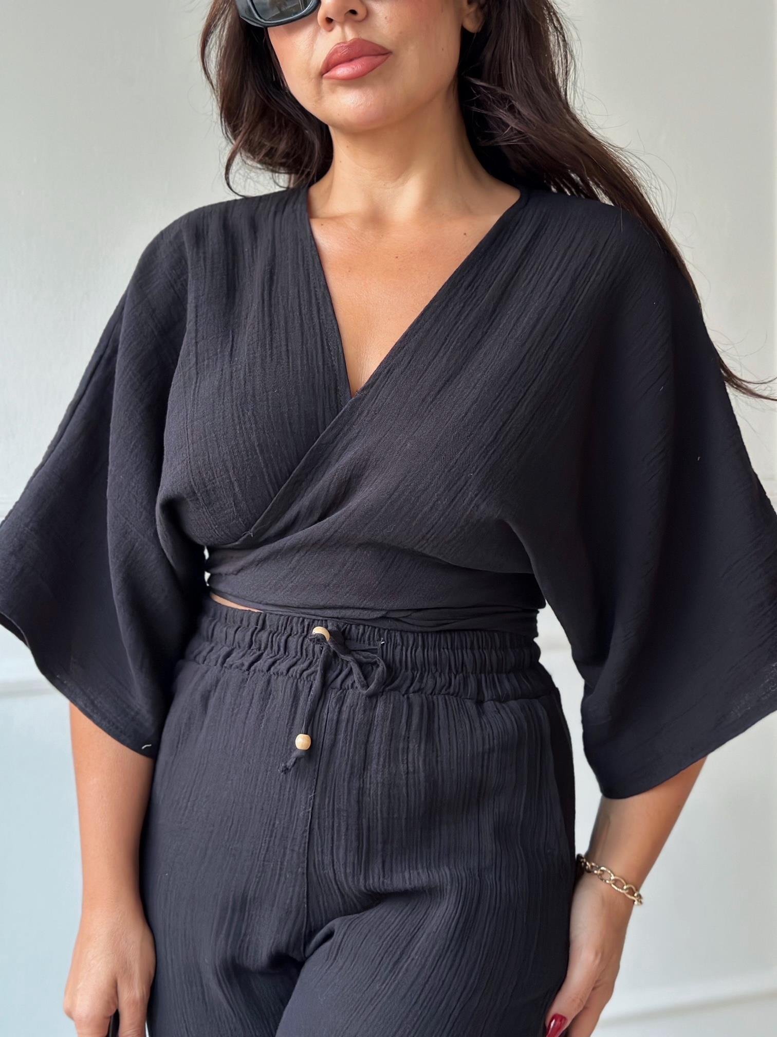 Lüks Kalite Pamuklu Kruvaze Bağlamalı Bluz - Siyah - Nora Butik