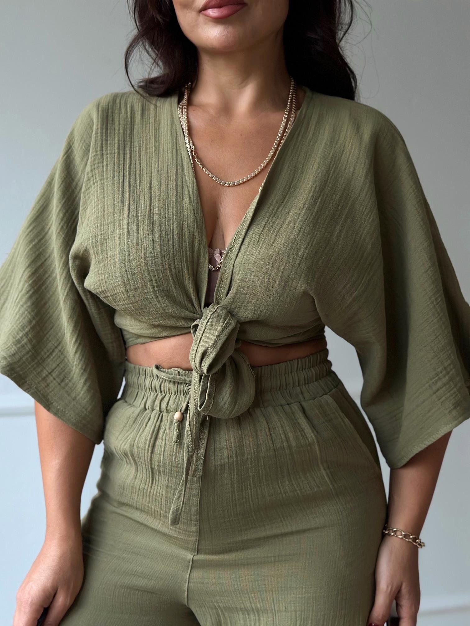 Lüks Kalite Pamuklu Kruvaze Bağlamalı Bluz - Haki - Nora Butik