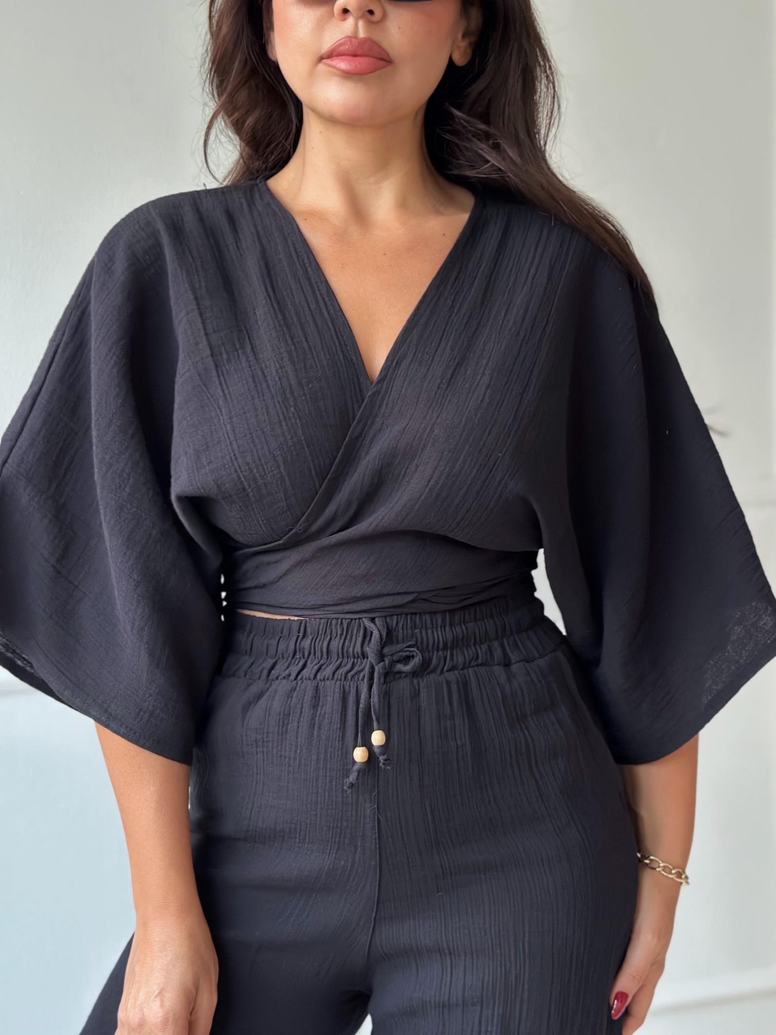 Lüks Kalite Pamuklu Kruvaze Bağlamalı Bluz - Siyah - Nora Butik