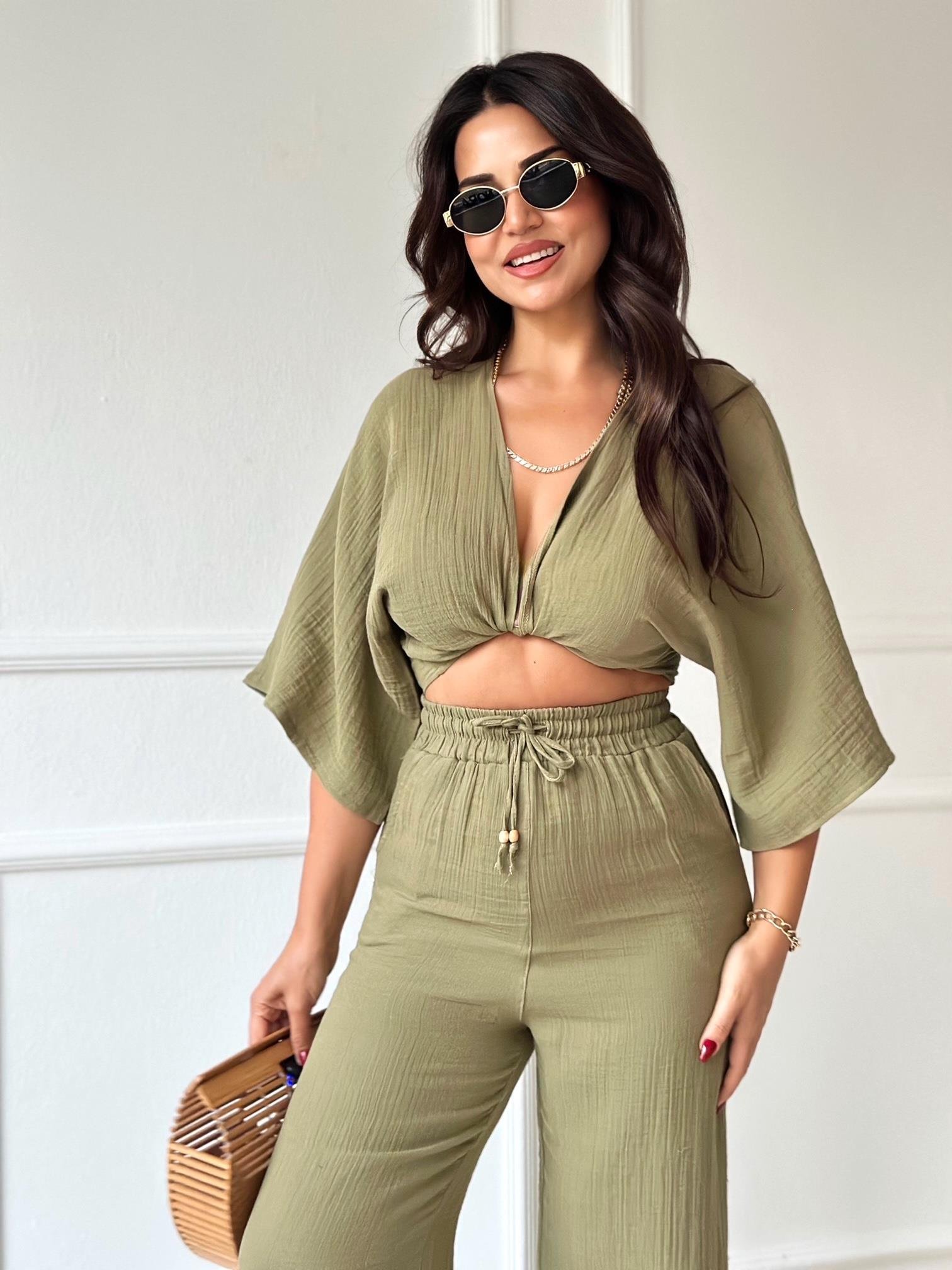 Lüks Kalite Pamuklu Kruvaze Bağlamalı Bluz - Haki - Nora Butik