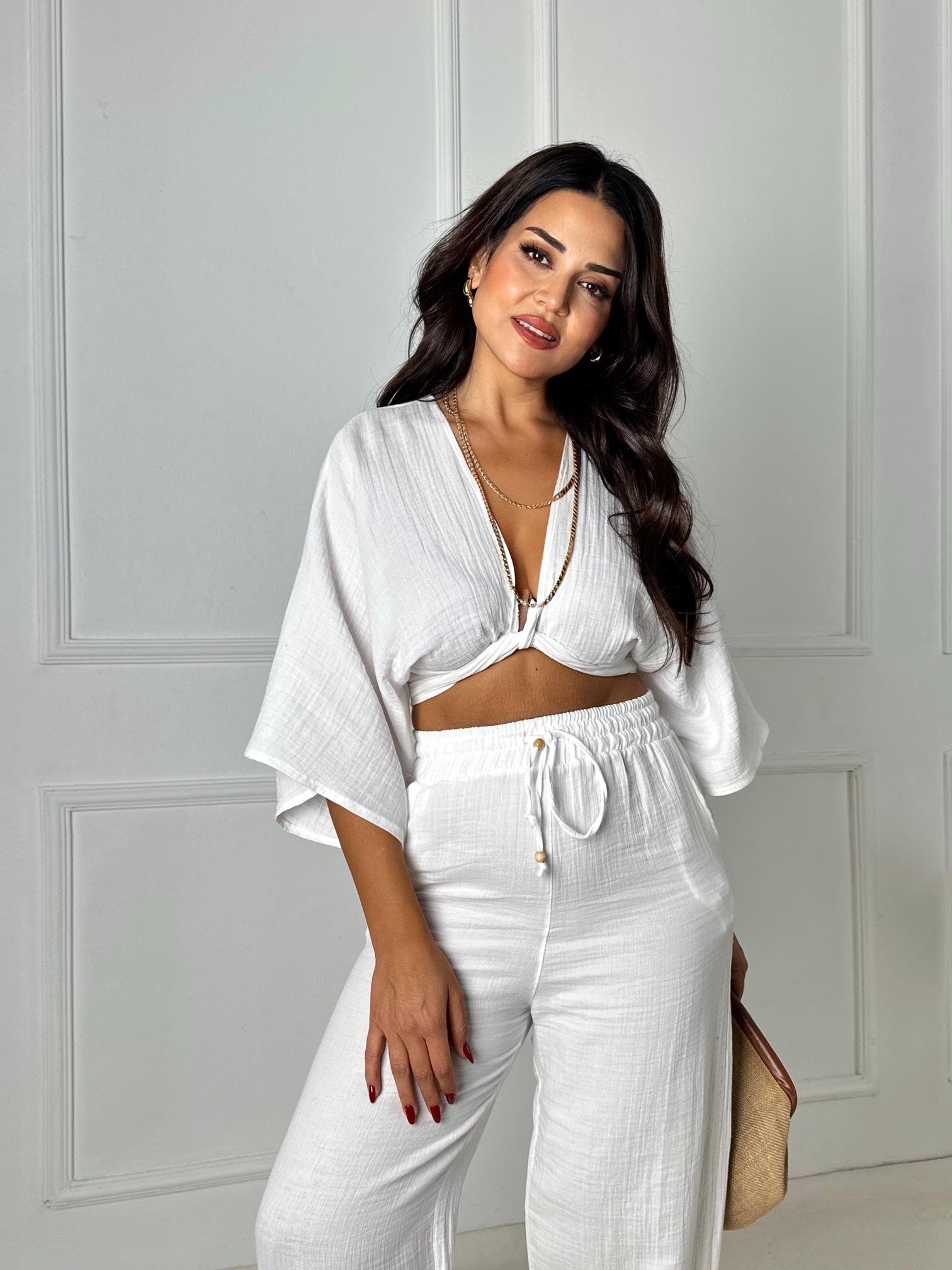 Lüks Kalite Pamuklu Kruvaze Bağlamalı Bluz - Beyaz - Nora Butik