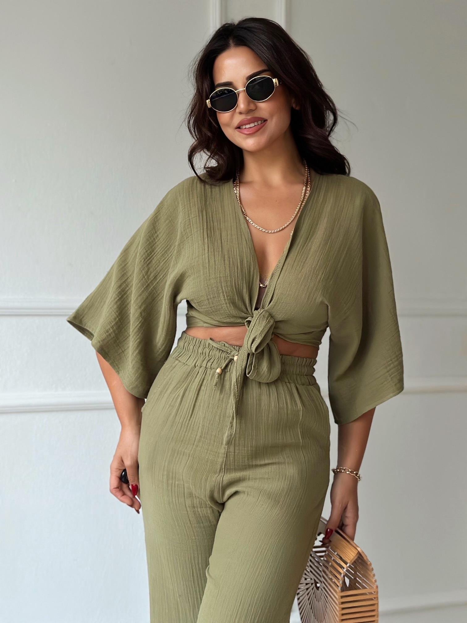 Lüks Kalite Pamuklu Kruvaze Bağlamalı Bluz - Haki - Nora Butik