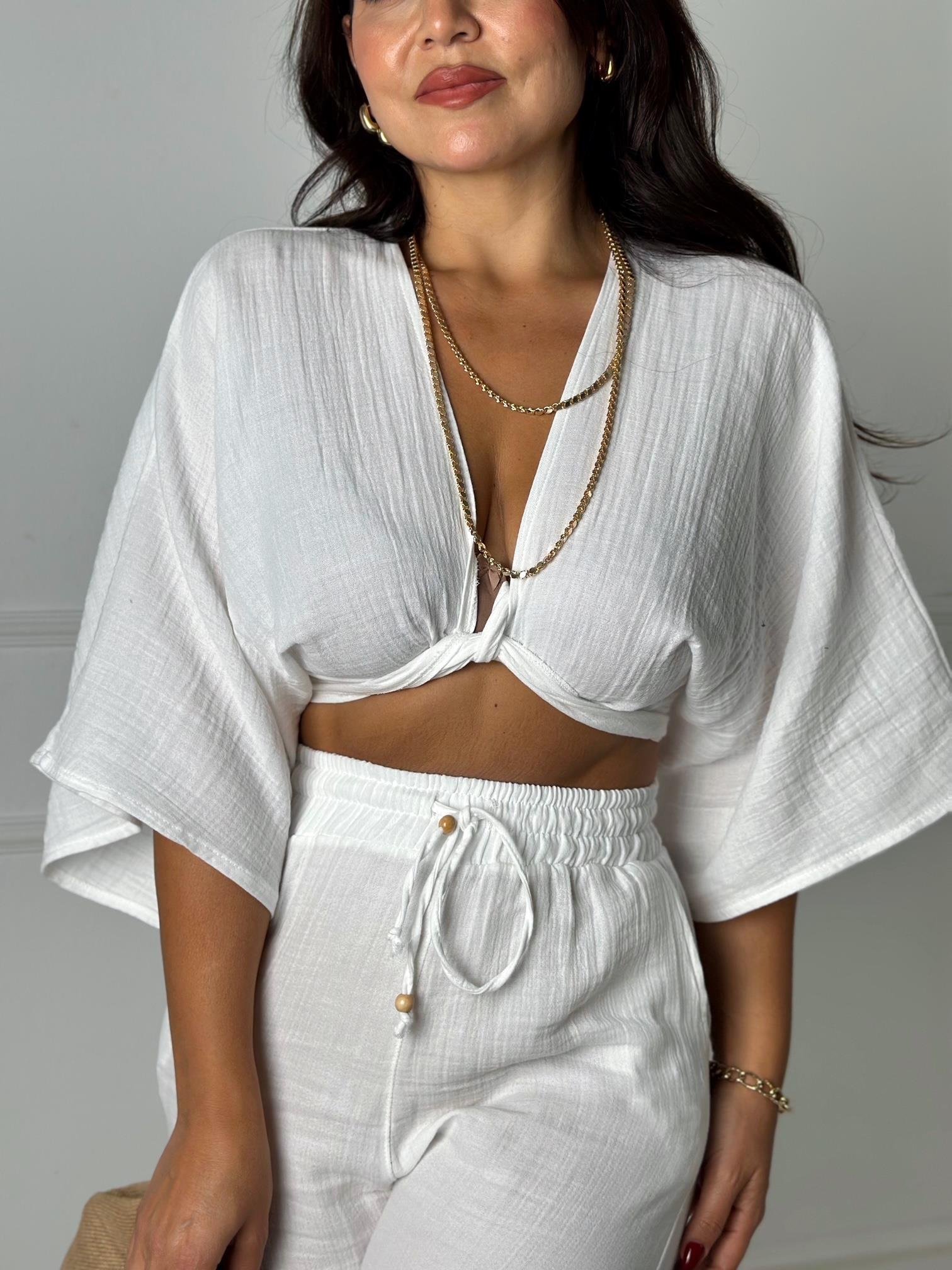 Lüks Kalite Pamuklu Kruvaze Bağlamalı Bluz - Beyaz - Nora Butik